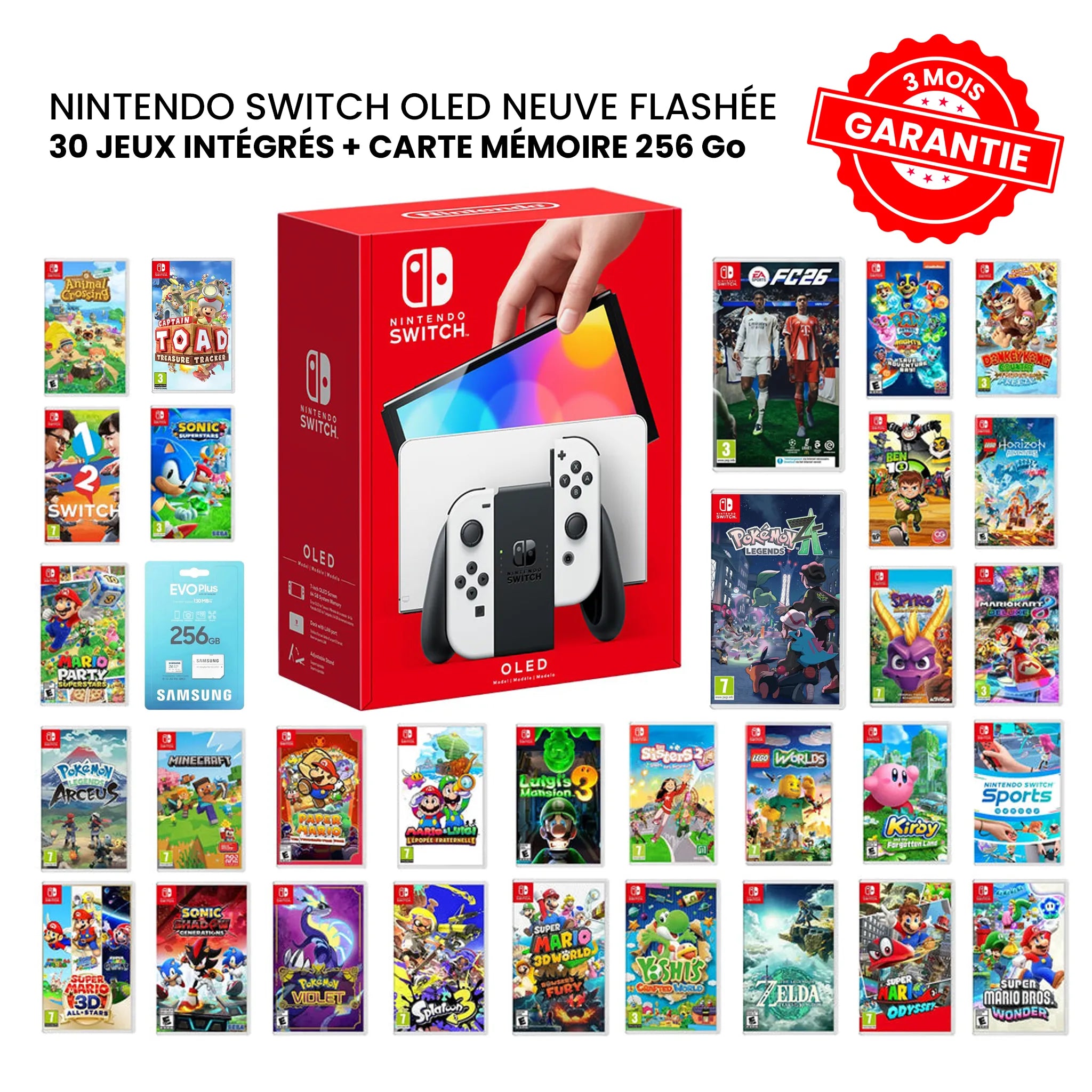 Nintendo Switch OLED Flashée Neuve + 30 Jeux et carte mémoire 256Go