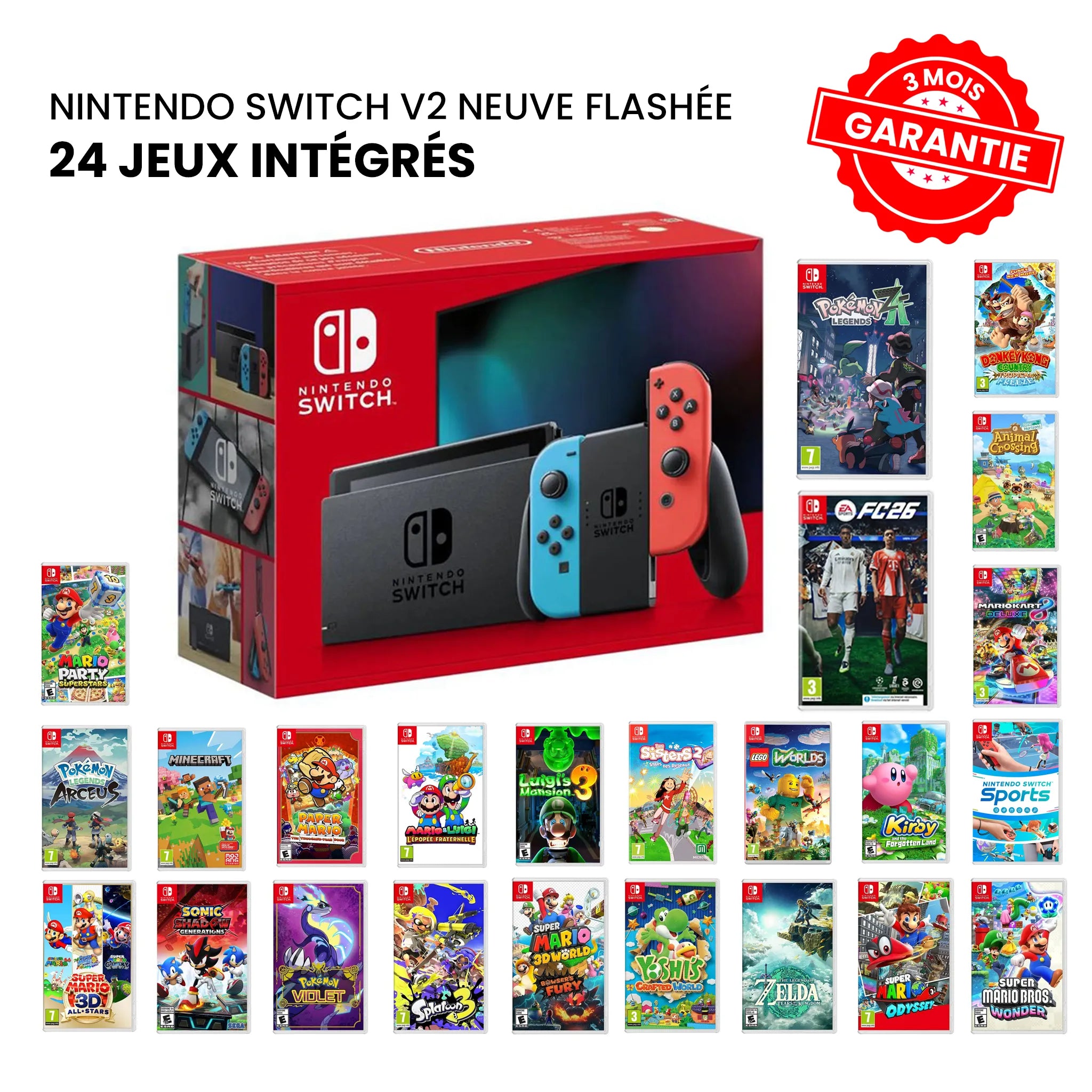 Nintendo Switch Flashée V2 Neuve + 24 Jeux