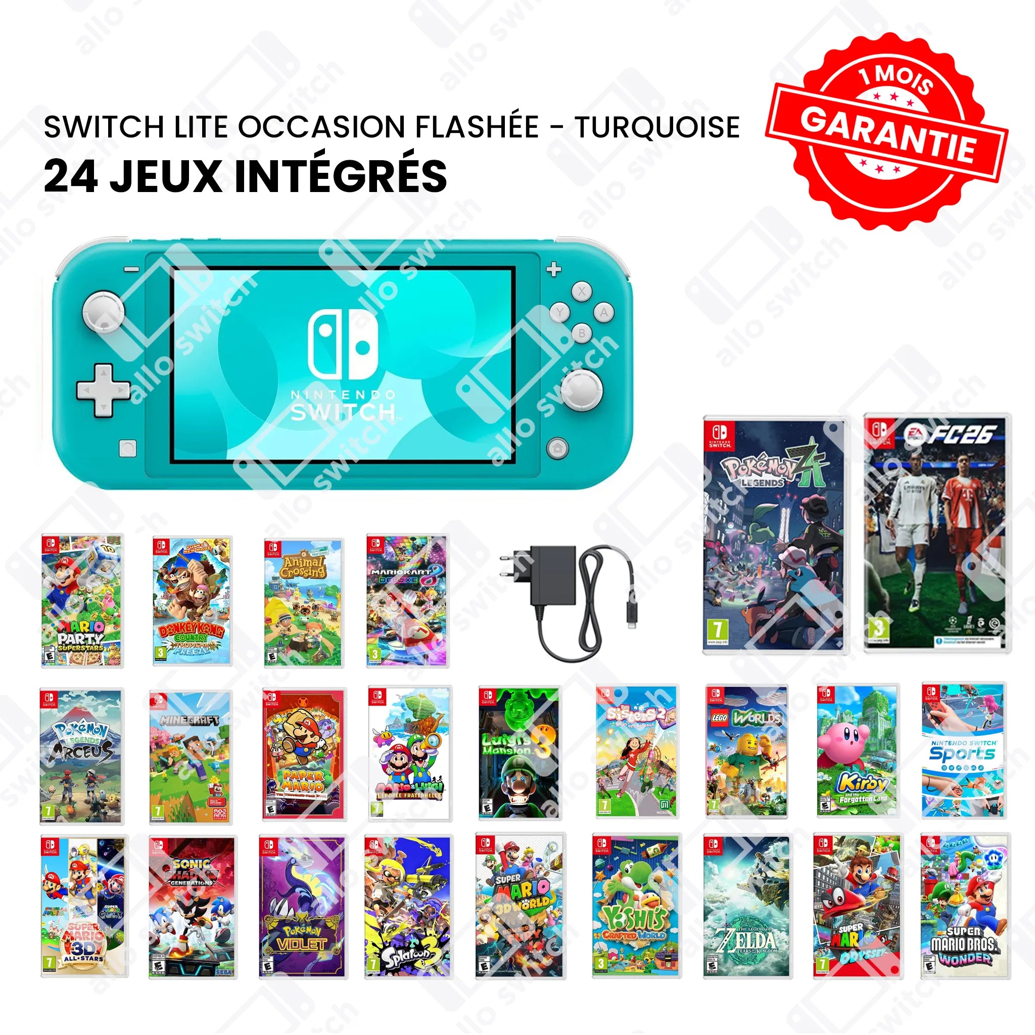 Nintendo Switch Lite Occasion Flashée Turquoise + 24 Jeux