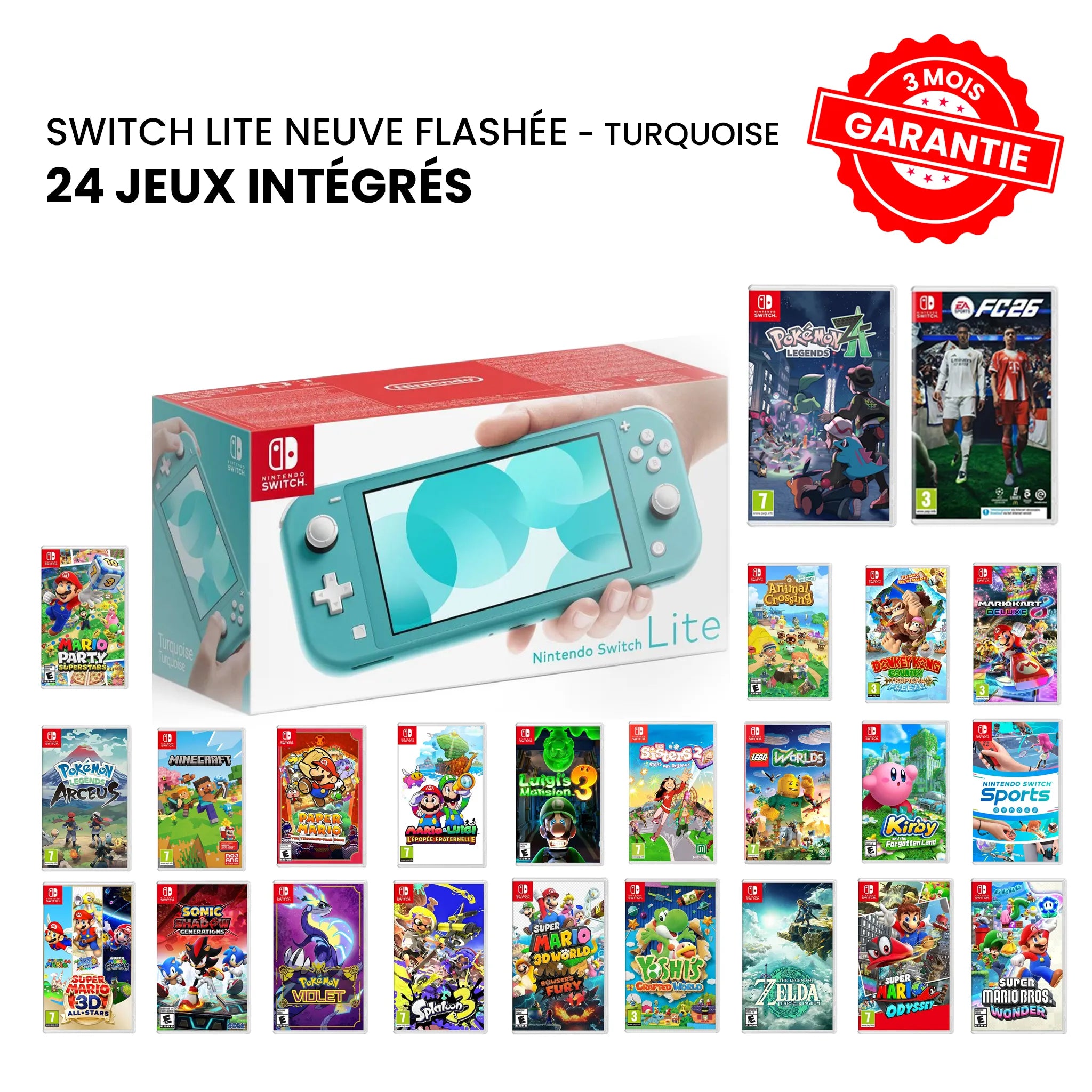 Nintendo Switch Lite Neuve Flashée Turquoise + 24 Jeux