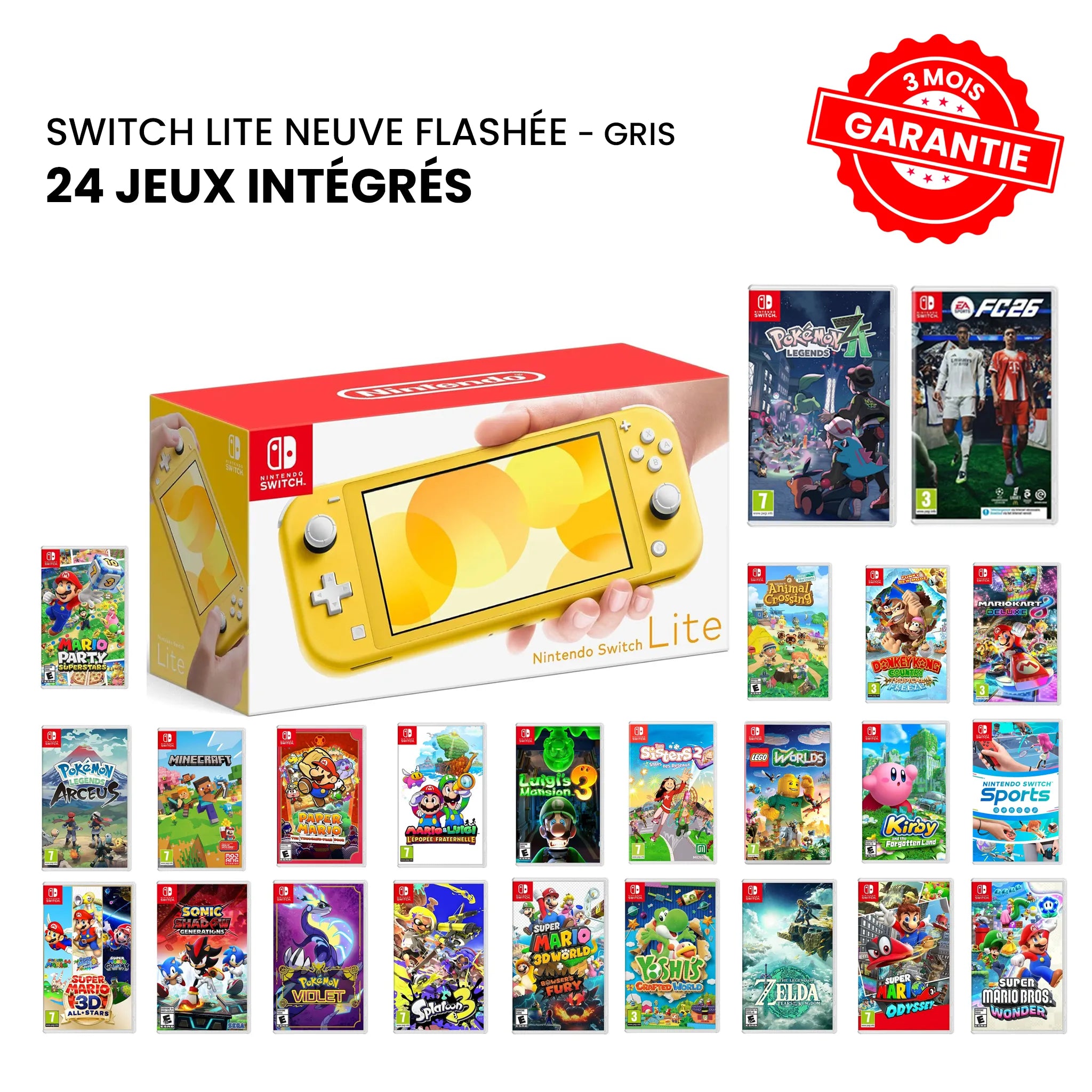 Nintendo Switch Lite Neuve Flashée Jaune + 24 Jeux
