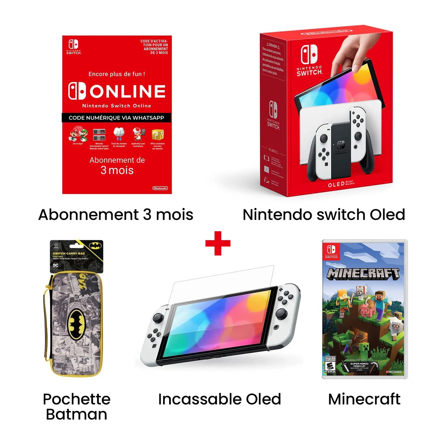 Pack Nintendo Switch Oled + Pochette Batman + Incassable + Minecraft + Abonnement 3 Mois