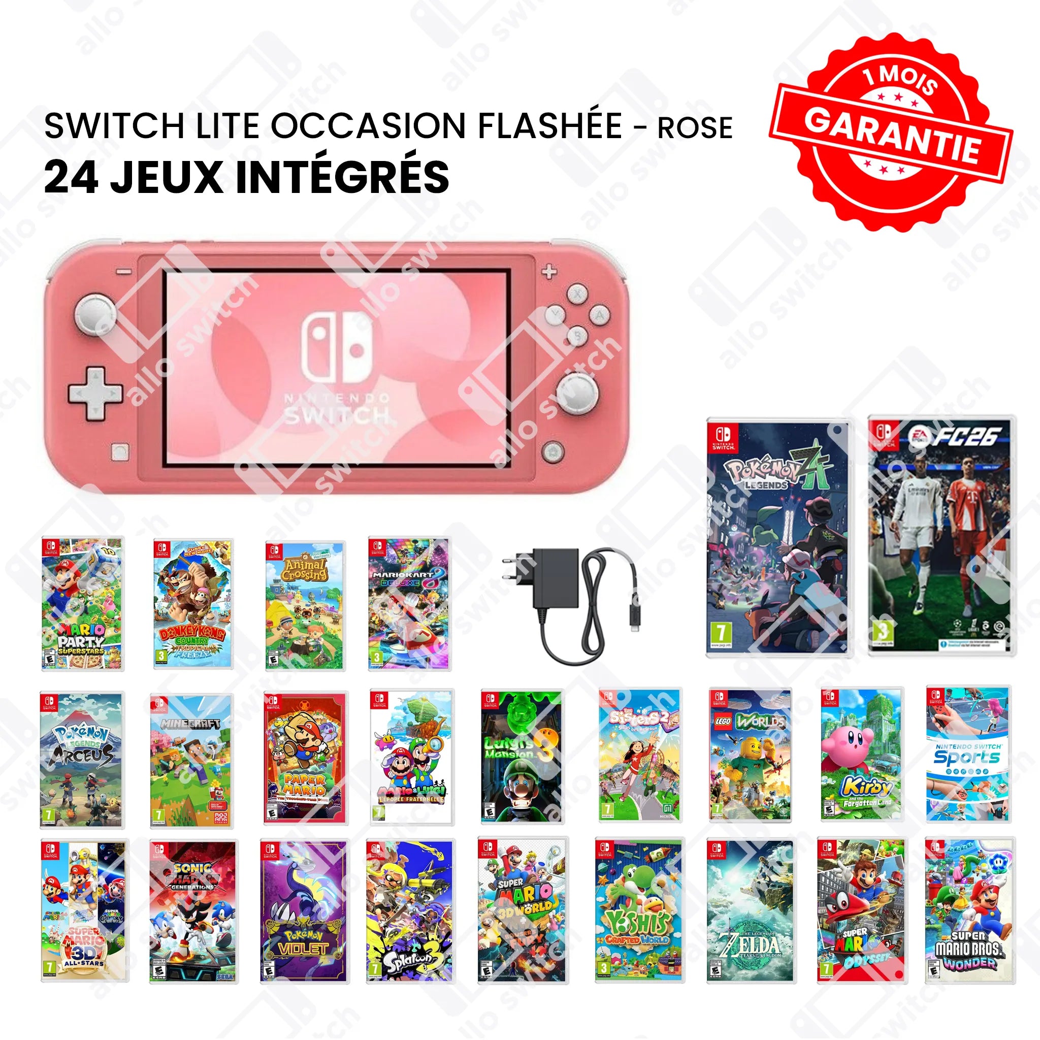 Nintendo Switch Lite Occasion Flashée Rose + 24 Jeux