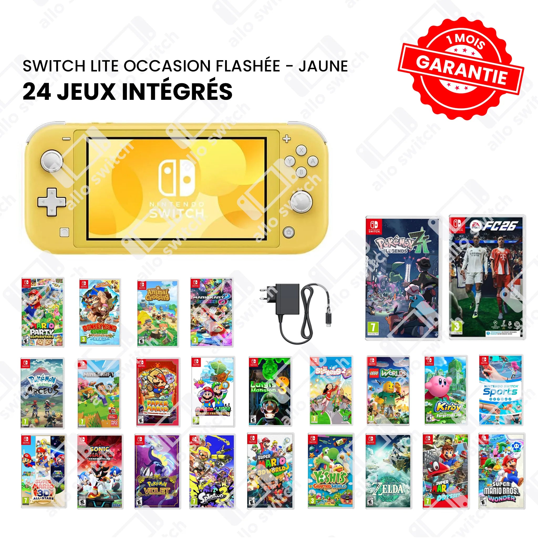 Nintendo Switch Lite Occasion Flashée Jaune + 24 Jeux