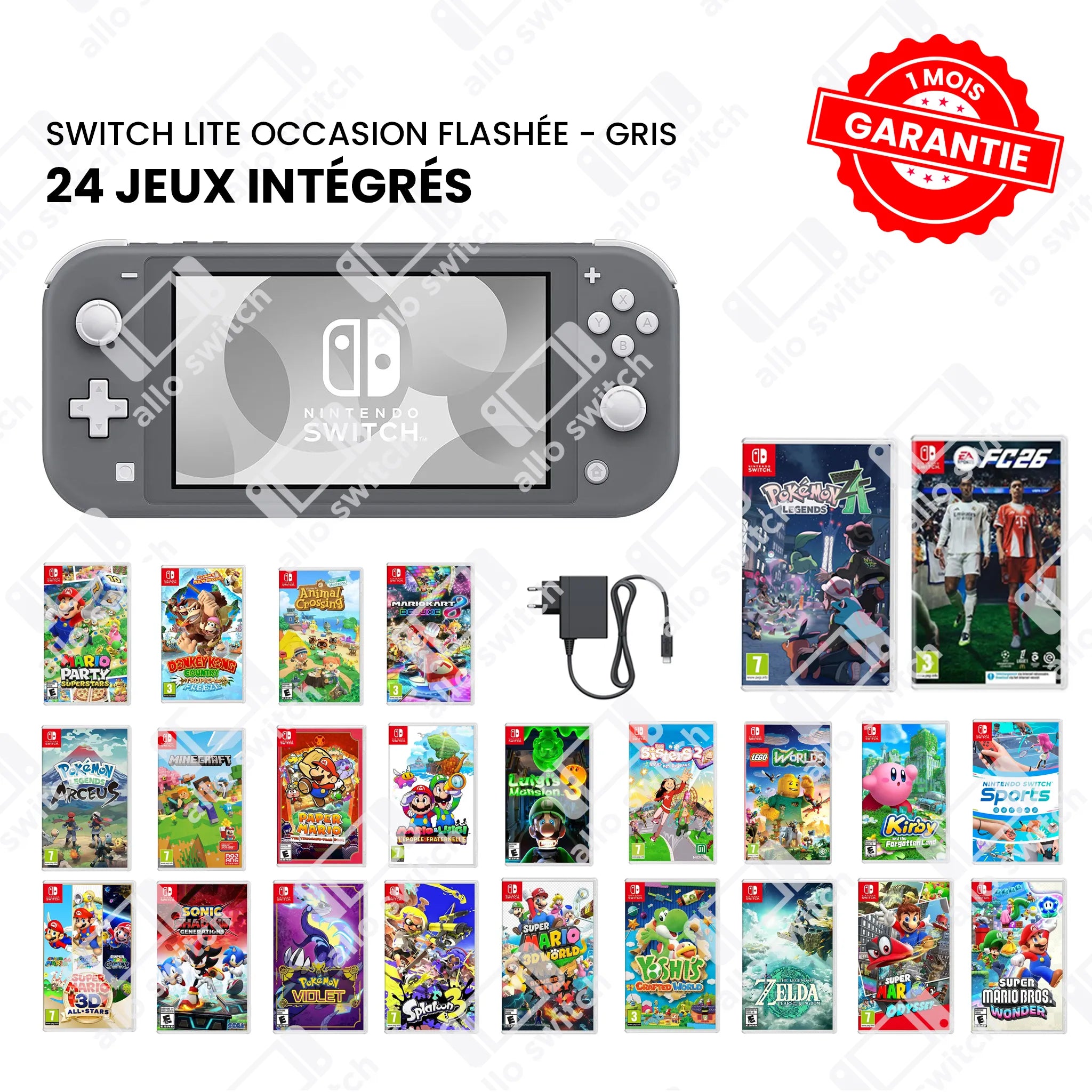 Nintendo Switch Lite Occasion Flashée Gris+ 24 Jeux