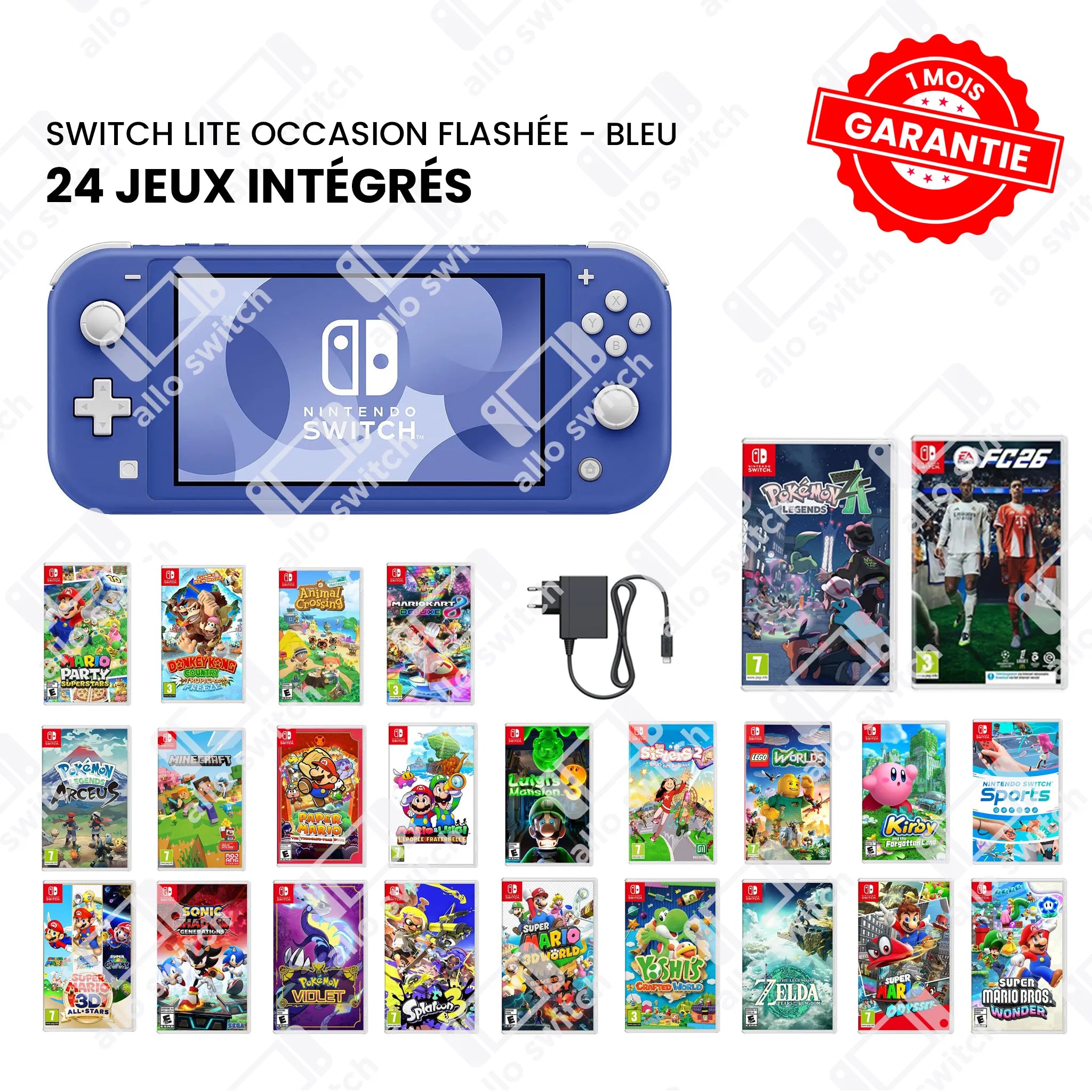 Nintendo Switch Lite Occasion Flashée Bleu + 24 Jeux