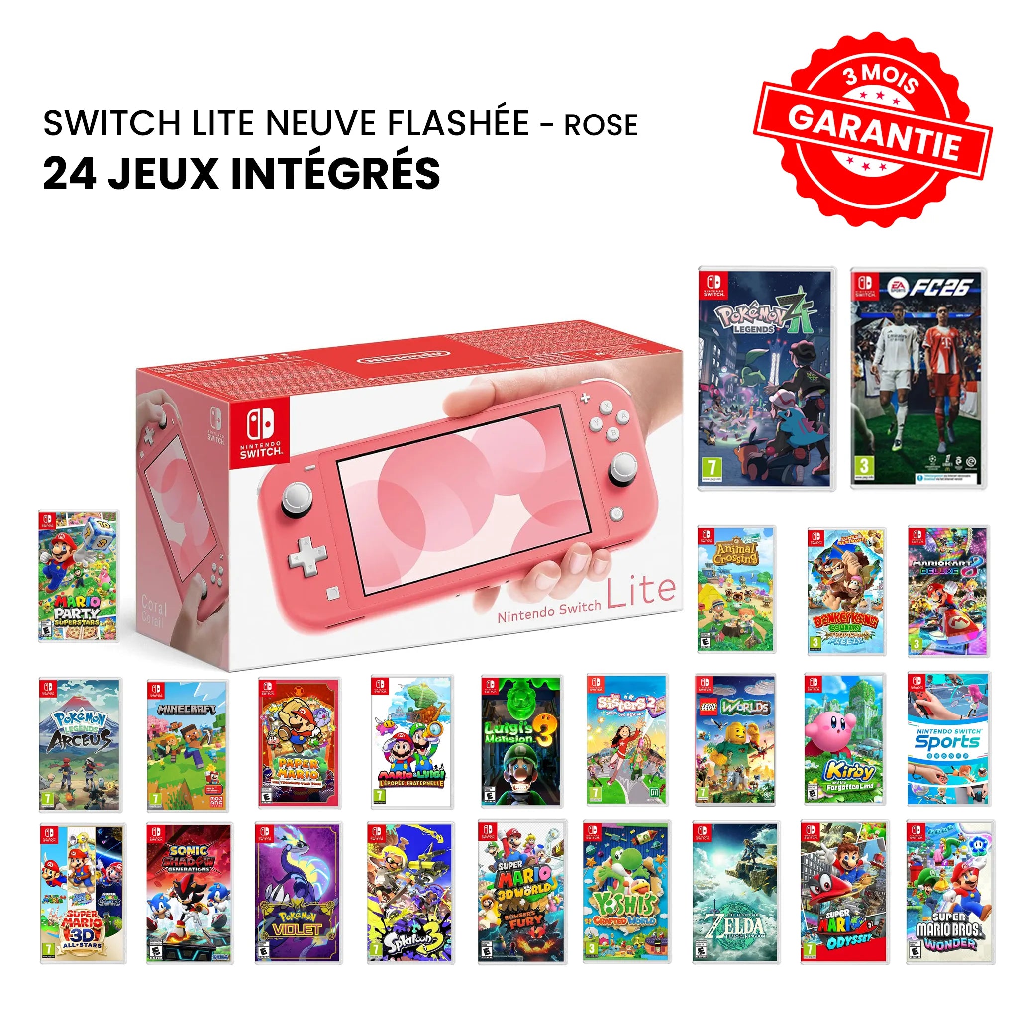 Nintendo Switch Lite Neuve Flashée Rose + 24 Jeux
