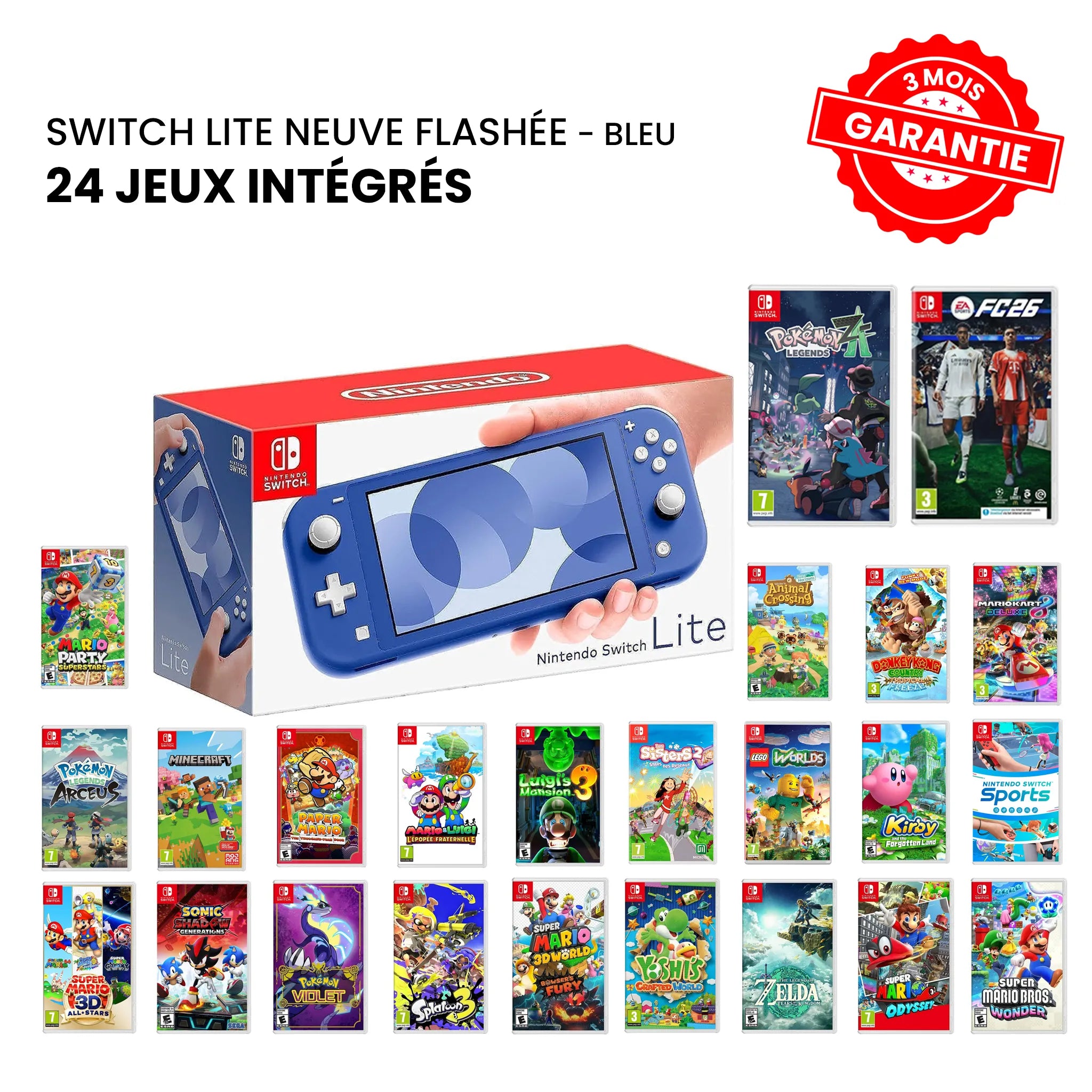 Nintendo Switch Lite Neuve Flashée Bleu + 24 Jeux