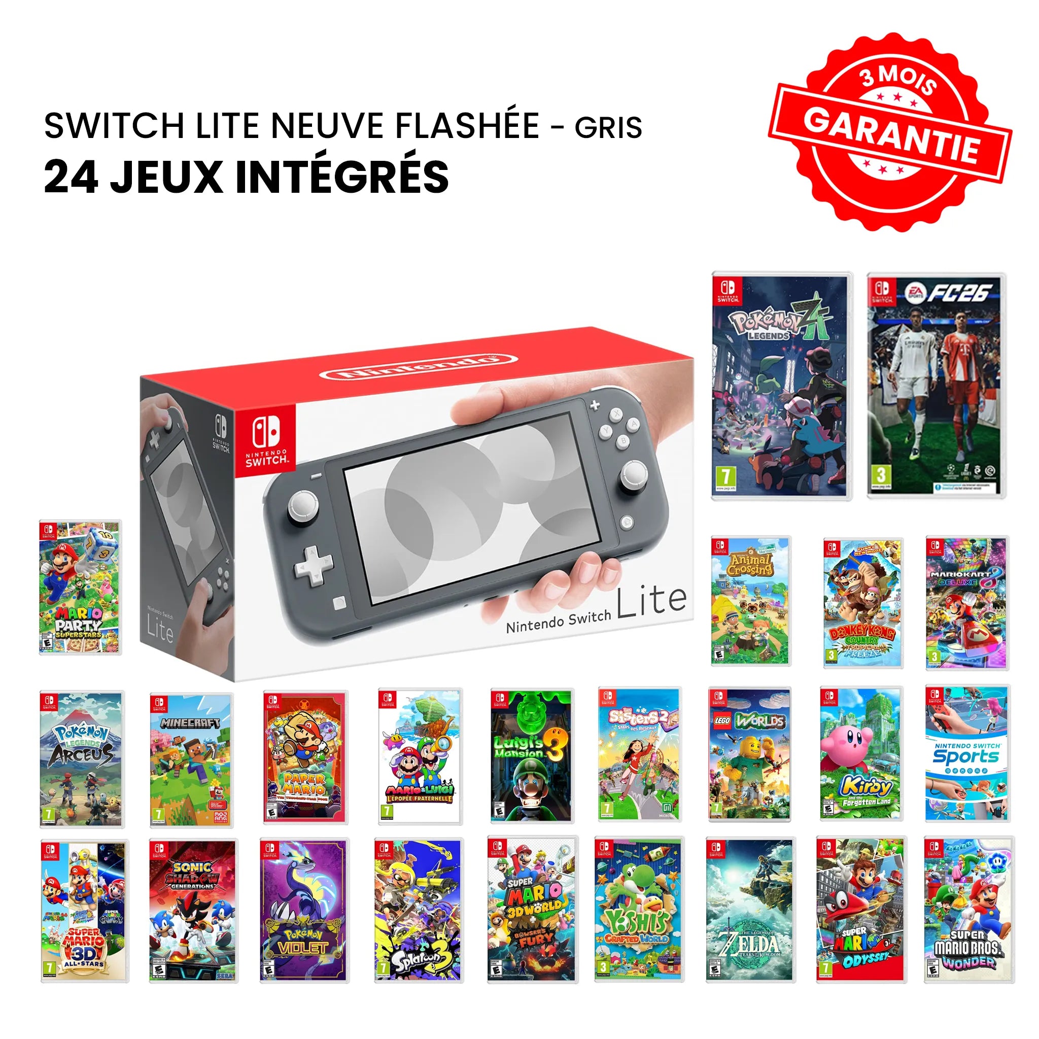 Nintendo Switch Lite Neuve Flashée Gris+ 24 Jeux