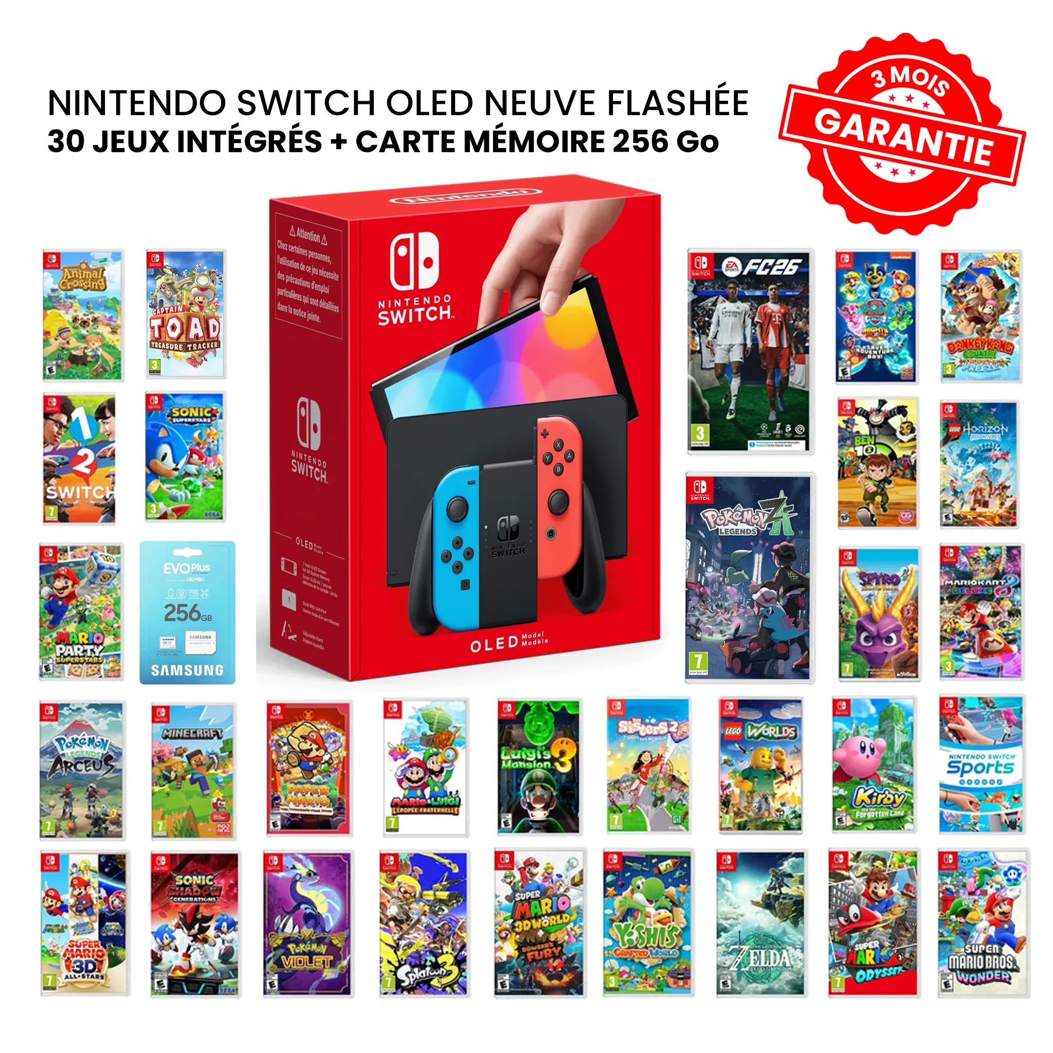 Nintendo Switch OLED Flashée Neuve + 30 Jeux et carte mémoire 256Go