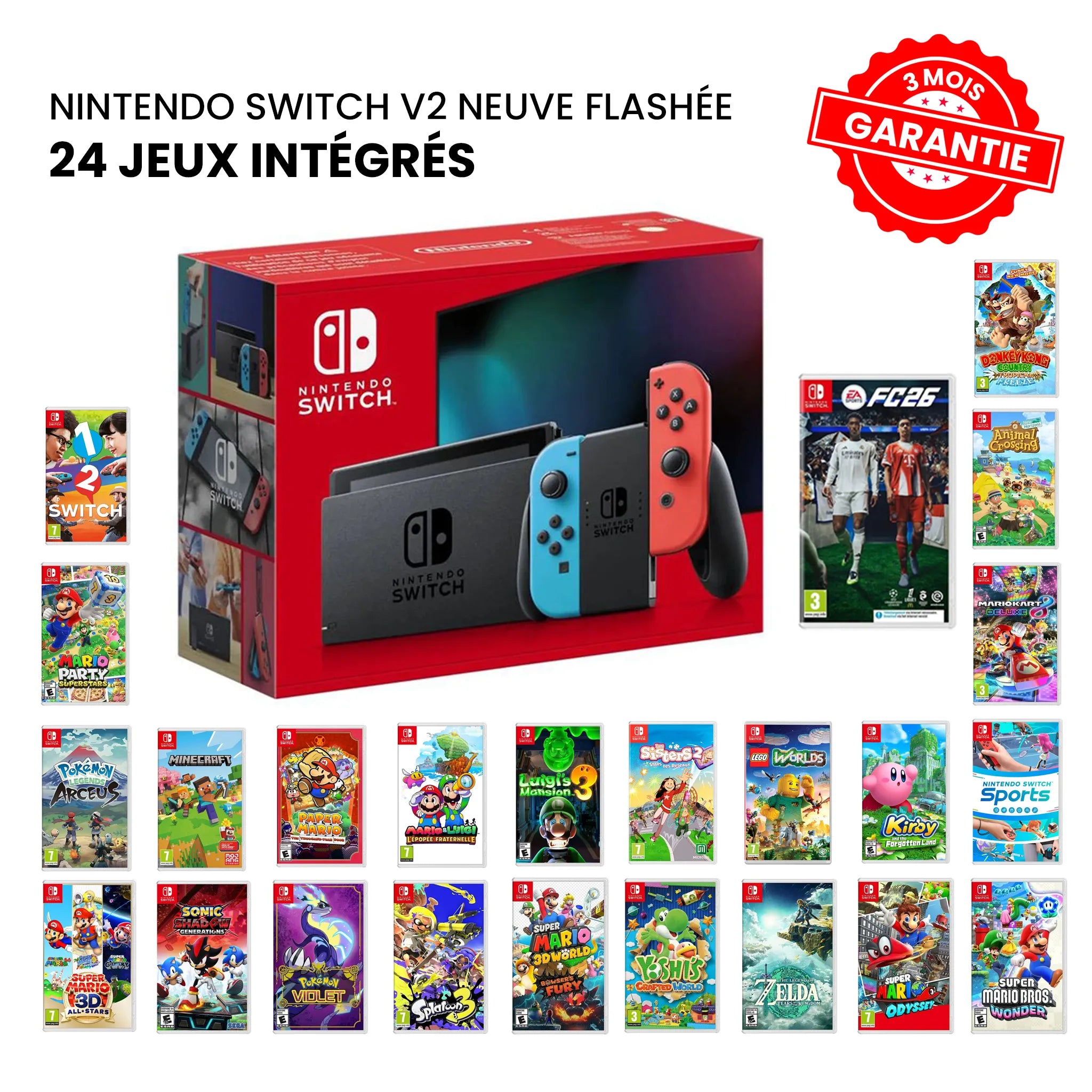 Nintendo Switch Flashée V2 Neuve + 24 Jeux