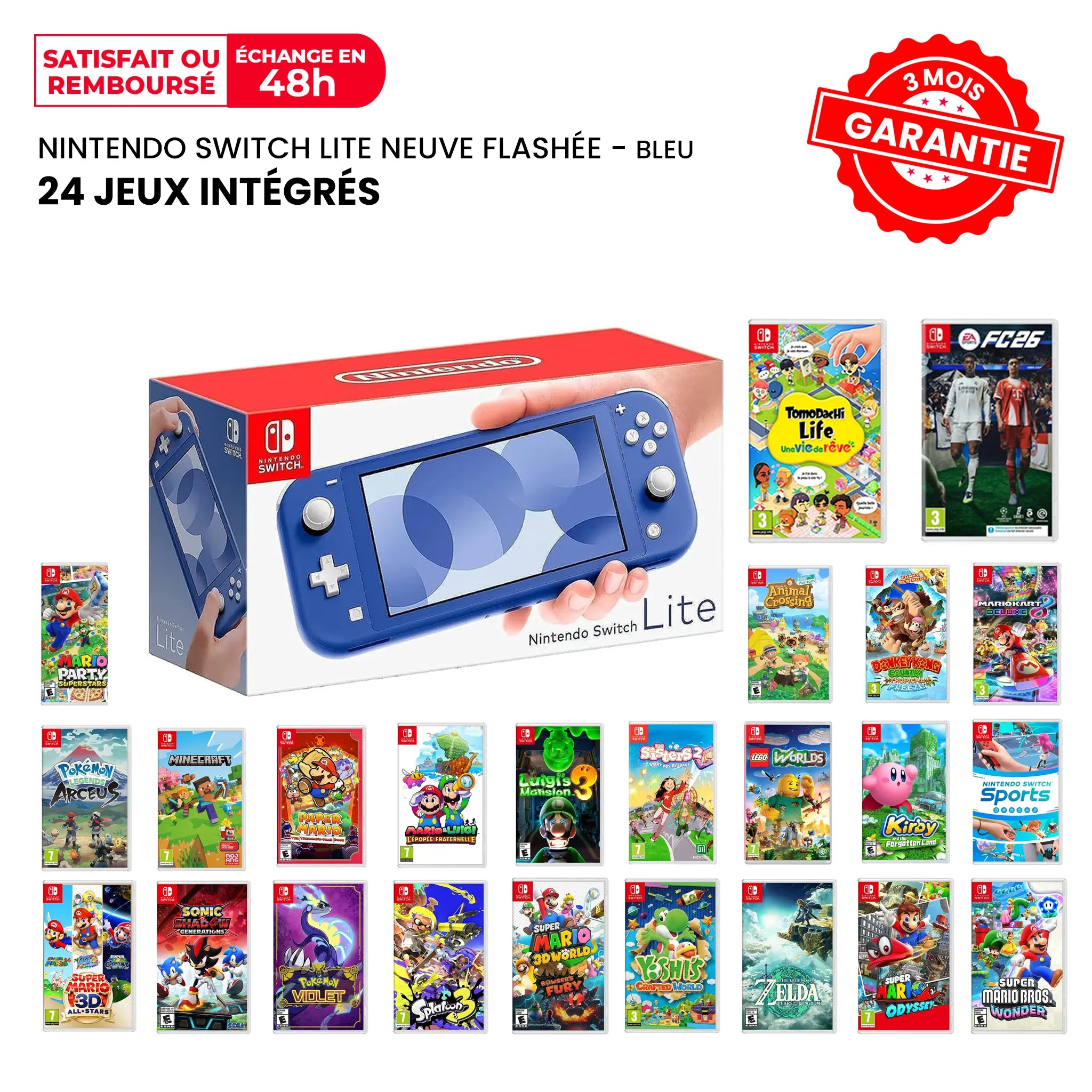 Nintendo Switch Lite Neuve Flashée Bleu + 24 Jeux