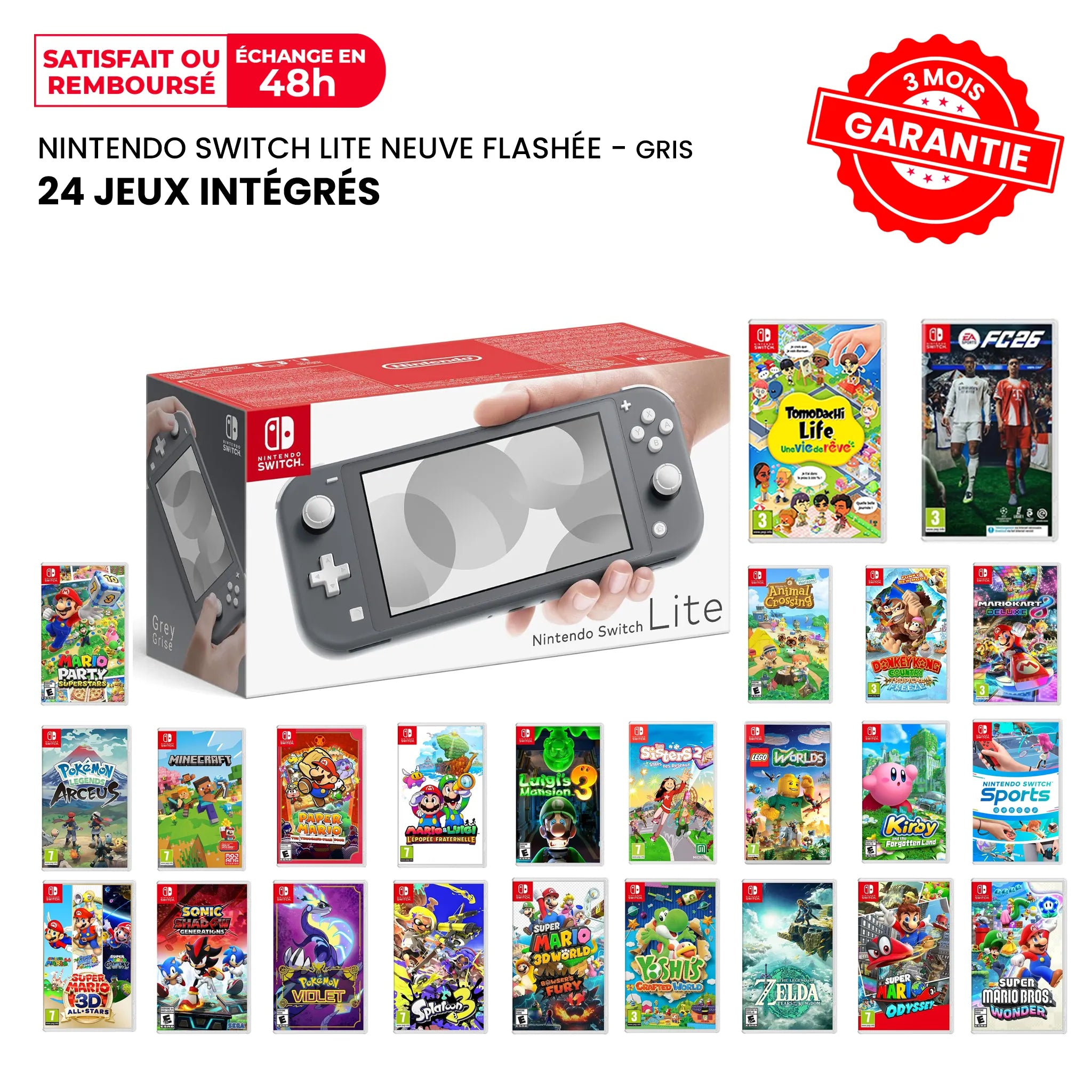 Nintendo Switch Lite Neuve Flashée Grise + 24 Jeux