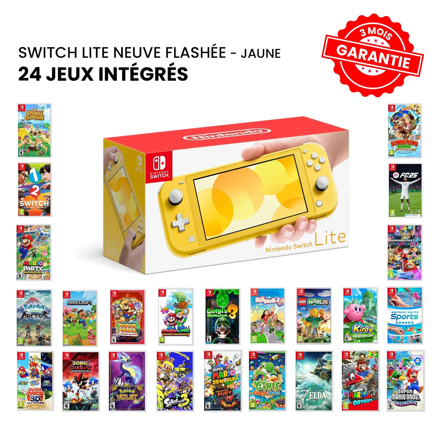 Nintendo Switch Lite Neuve Flashée Jaune + 24 Jeux