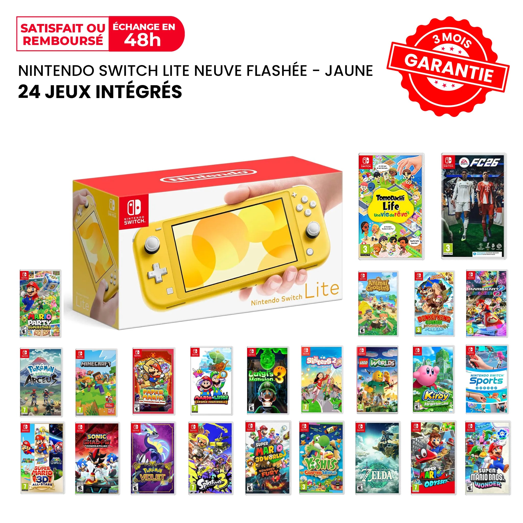 Nintendo Switch Lite Neuve Flashée Jaune + 24 Jeux