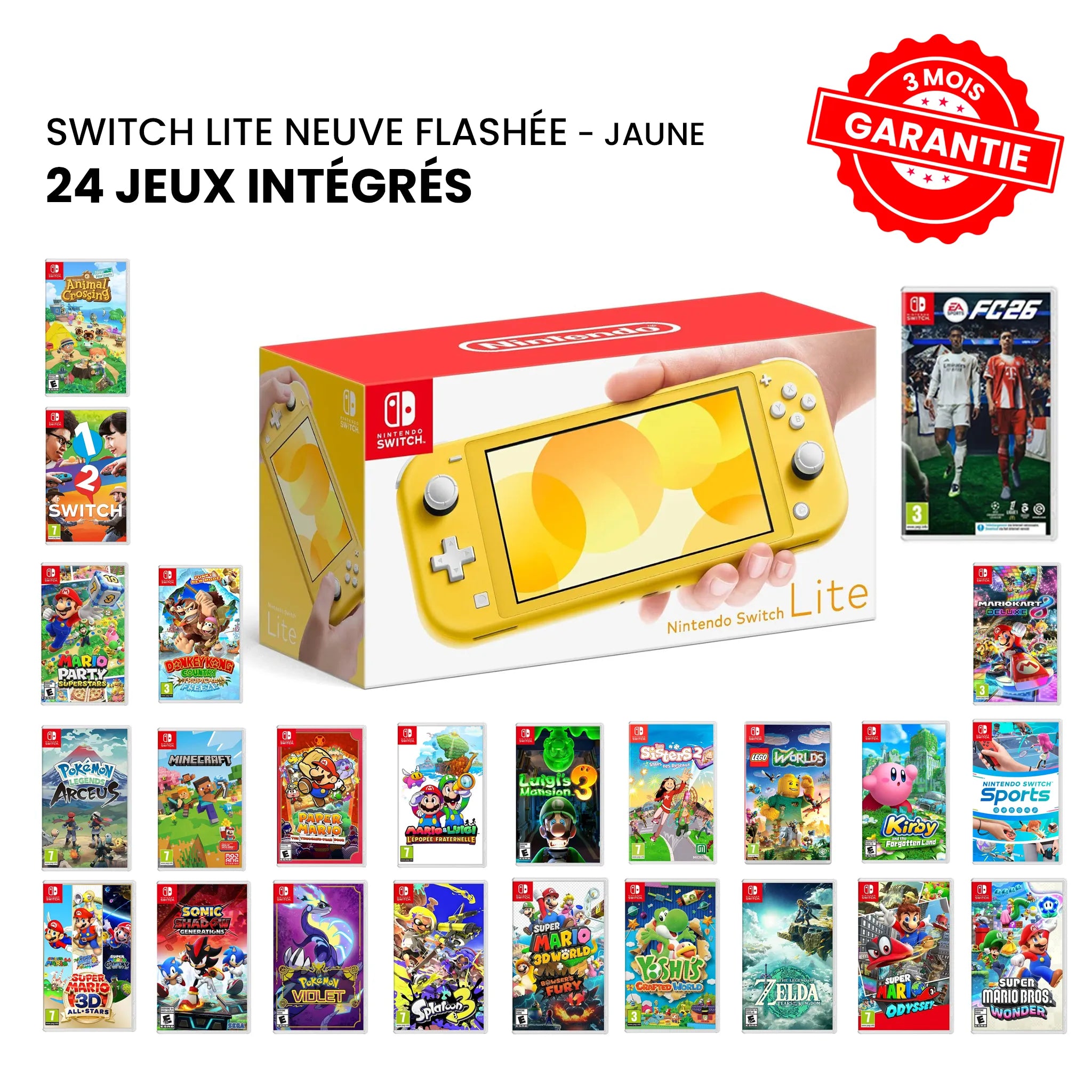 Nintendo Switch Lite Neuve Flashée Jaune + 24 Jeux
