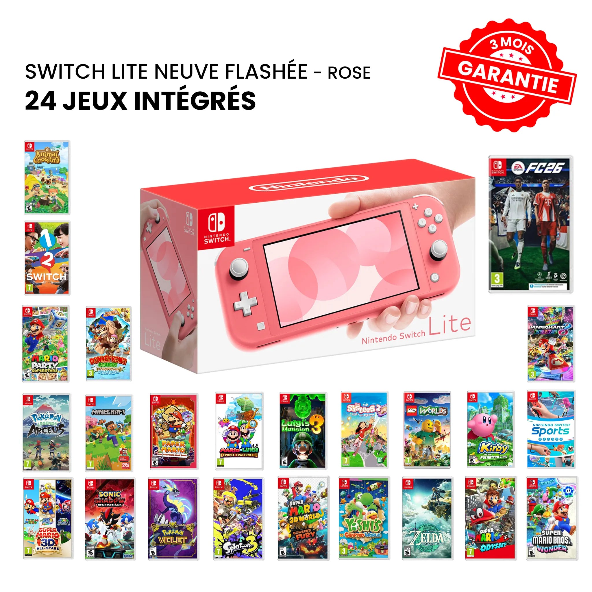 Nintendo Switch Lite Neuve Flashée Rose + 24 Jeux