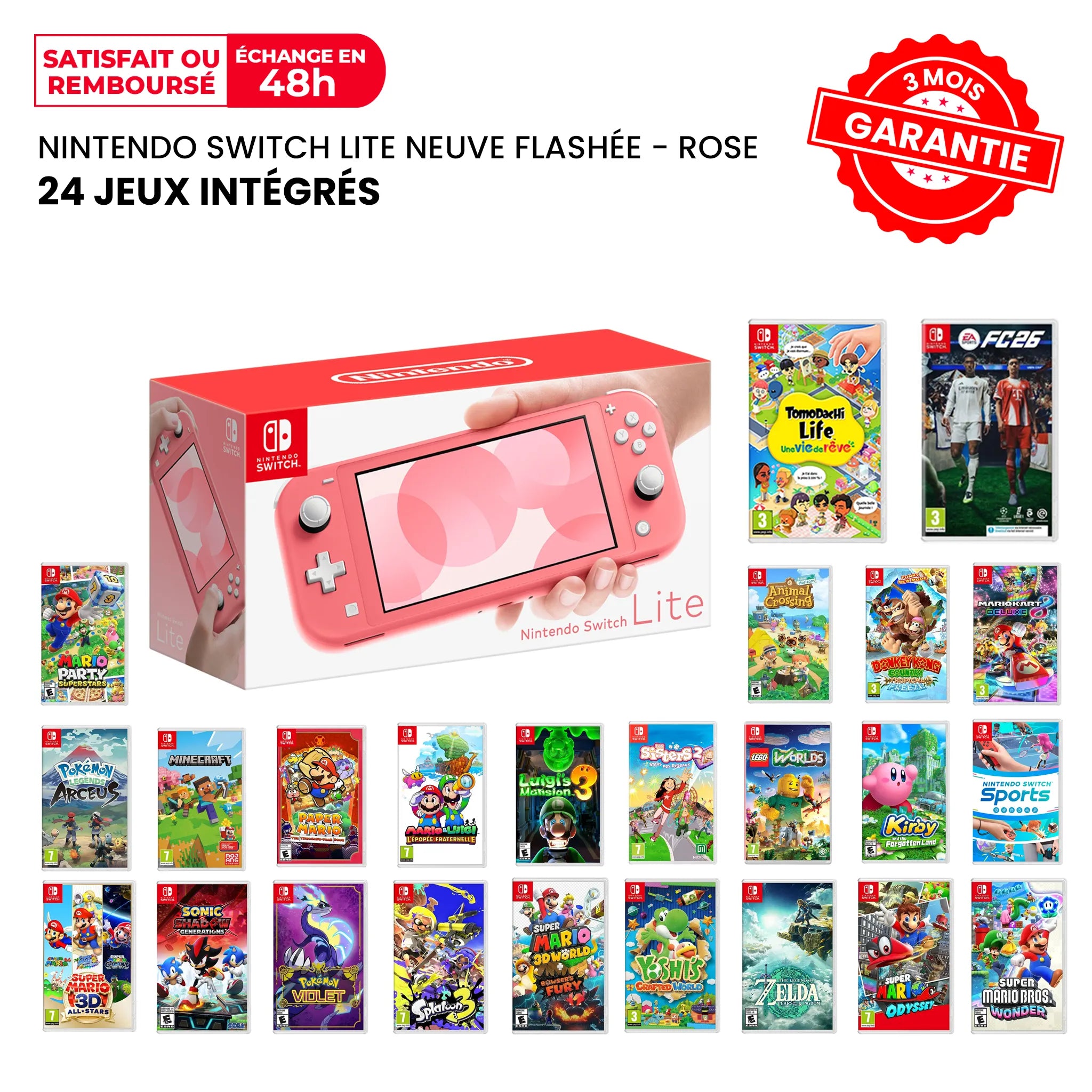 Nintendo Switch Lite Neuve Flashée Rose + 24 Jeux