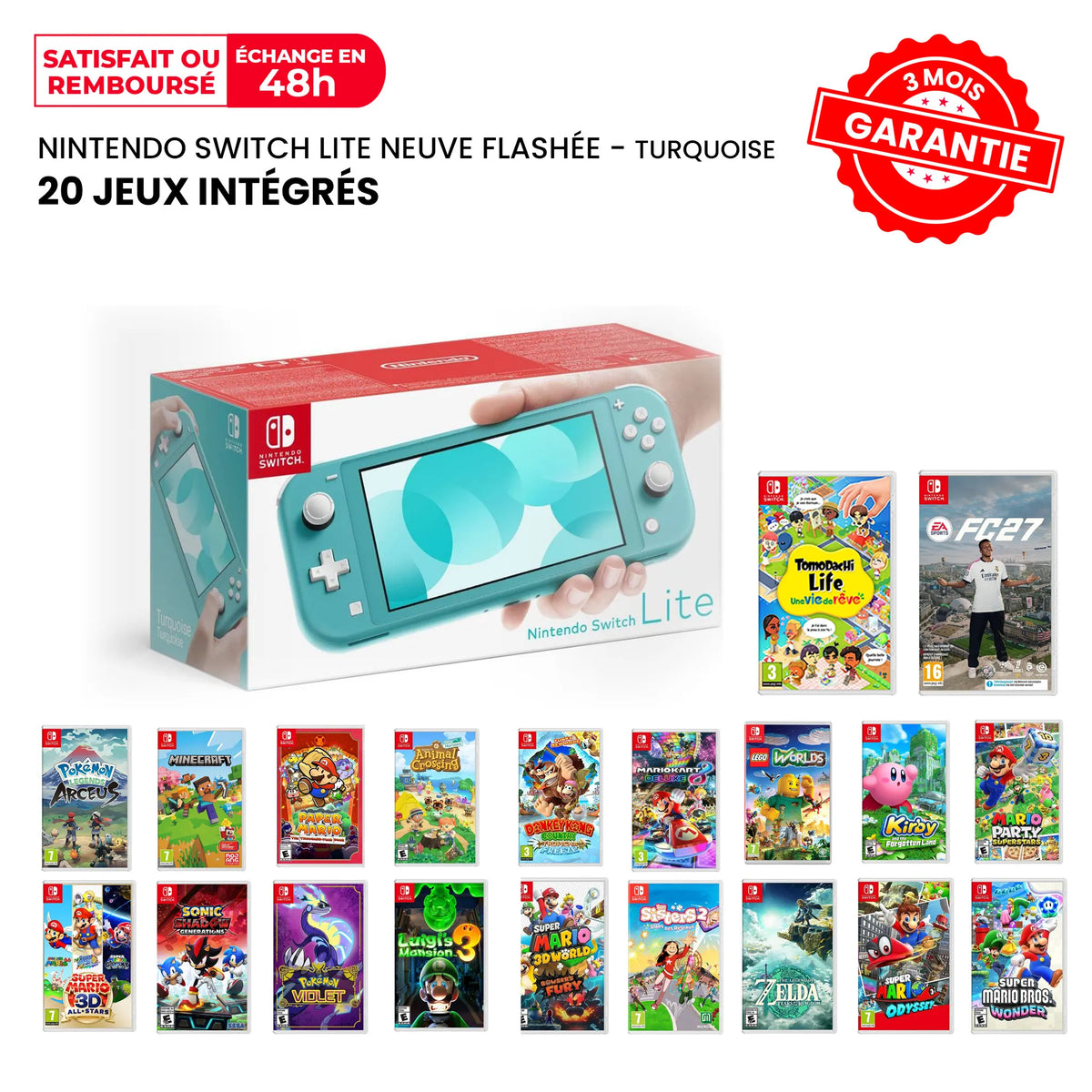 Nintendo Switch Lite Neuve Flashée Turquoise + 20 Jeux