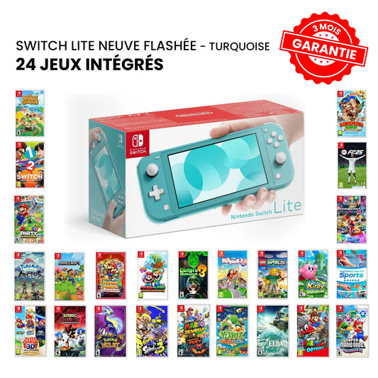 Nintendo Switch Lite Neuve Flashée Turquoise + 24 Jeux