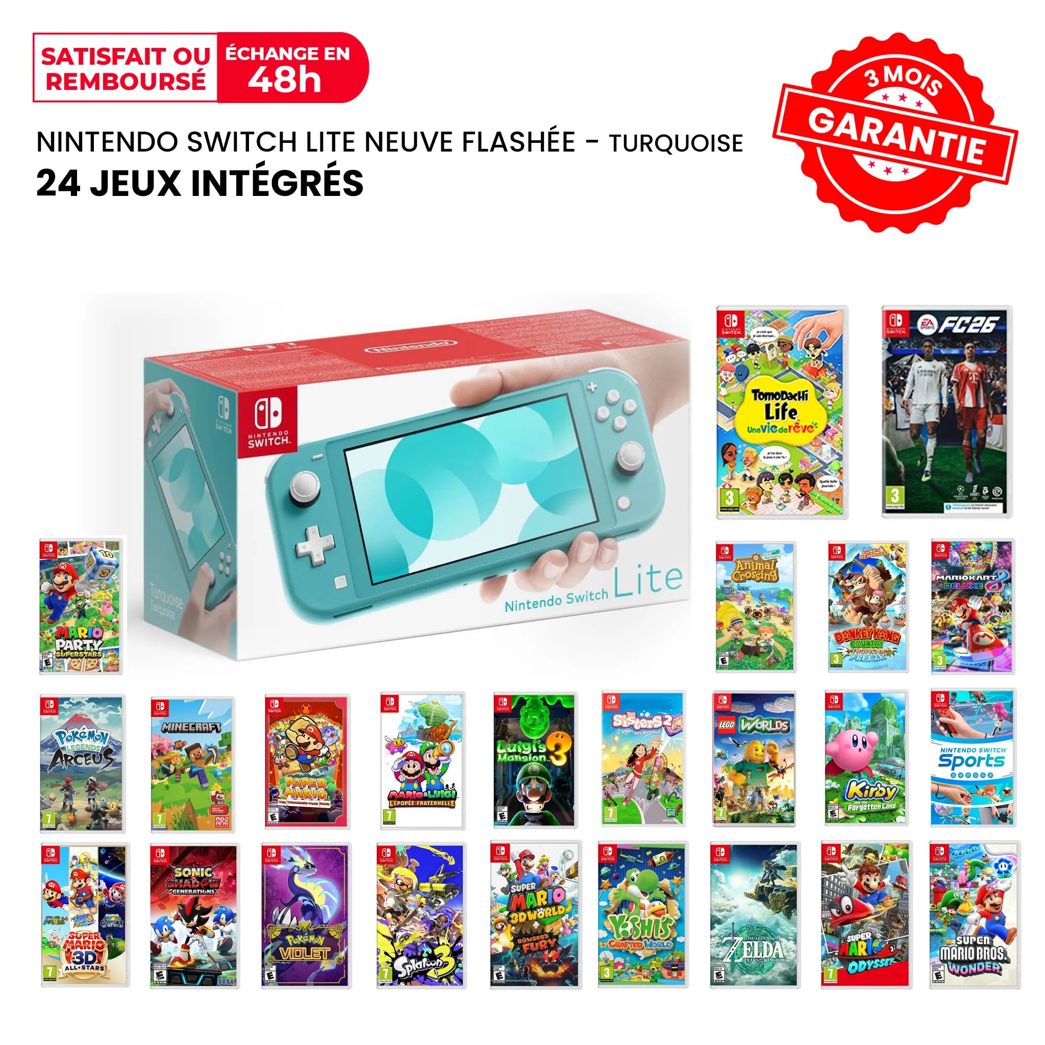 Nintendo Switch Lite Neuve Flashée Turquoise + 24 Jeux