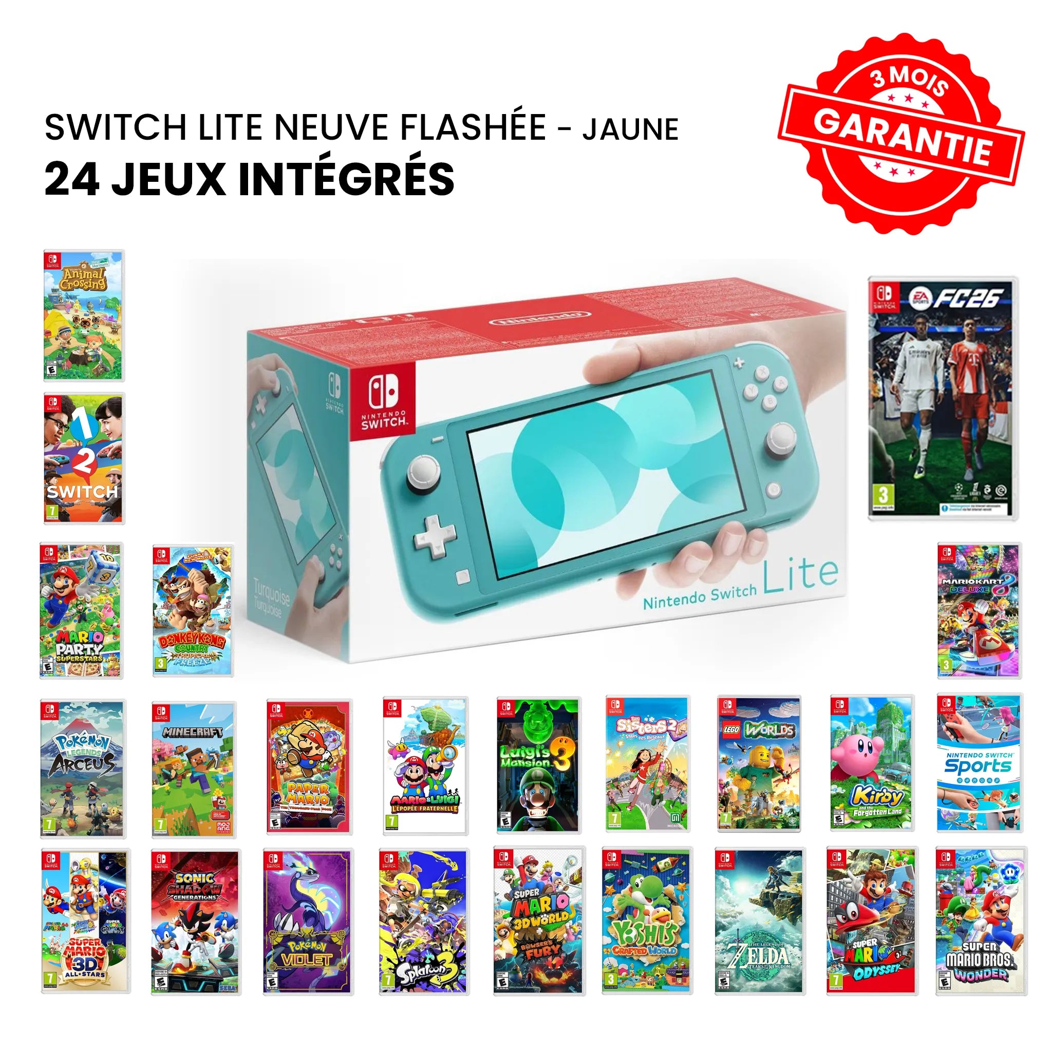 Nintendo Switch Lite Neuve Flashée Turquoise + 24 Jeux