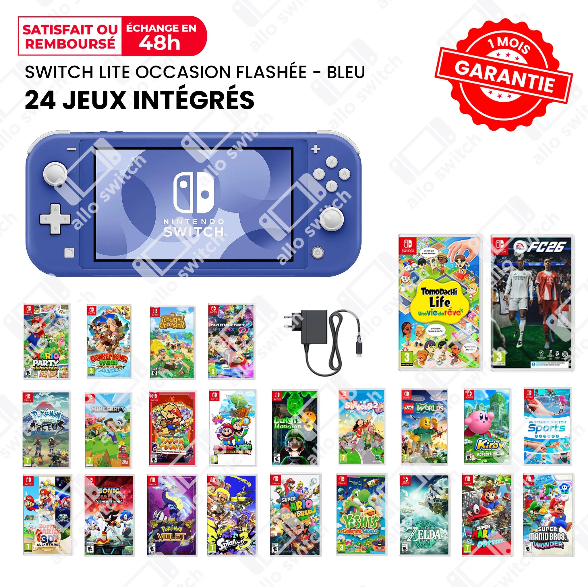 Nintendo Switch Lite Occasion Flashée Bleu + 24 Jeux