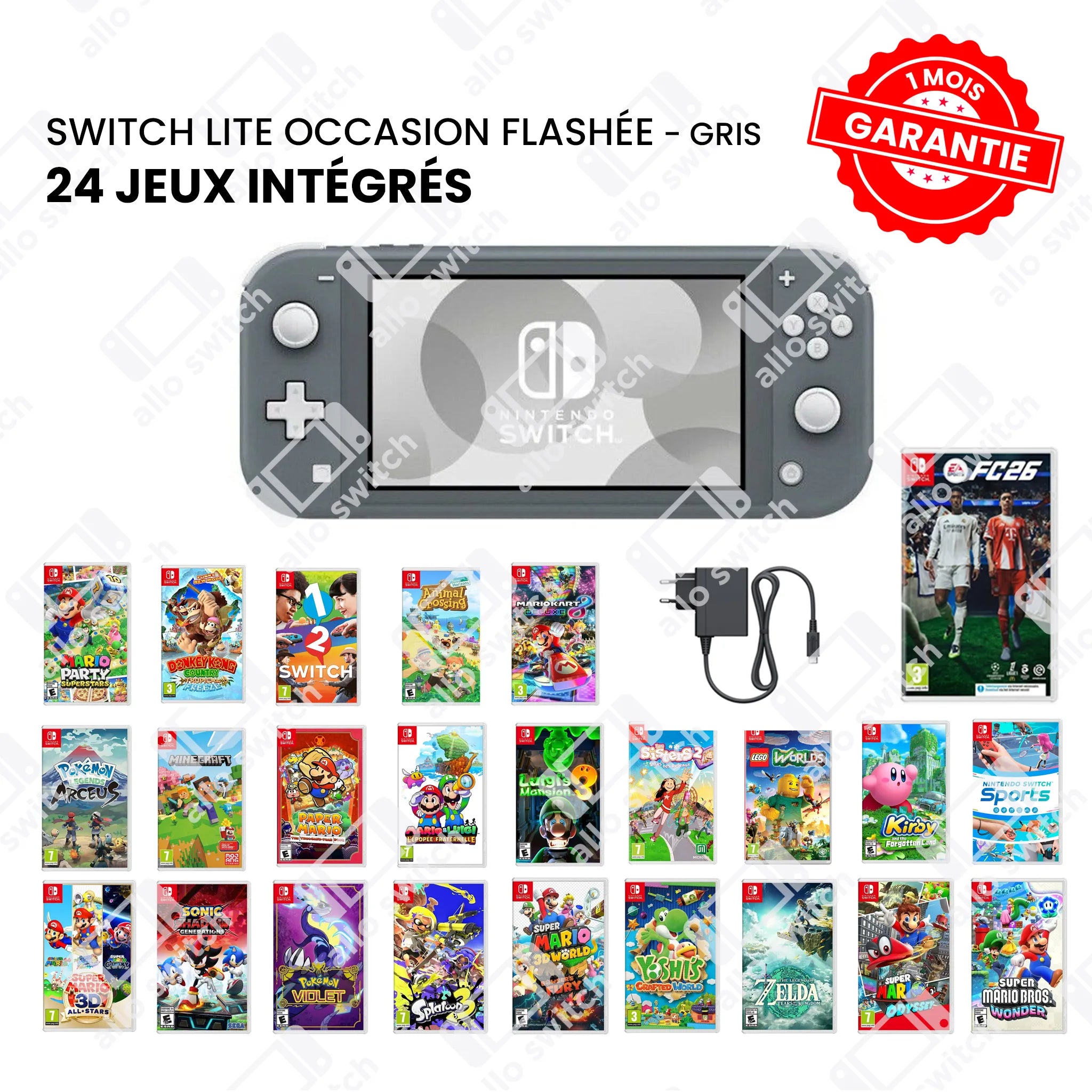 Nintendo Switch Lite Occasion Flashée Gris+ 24 Jeux