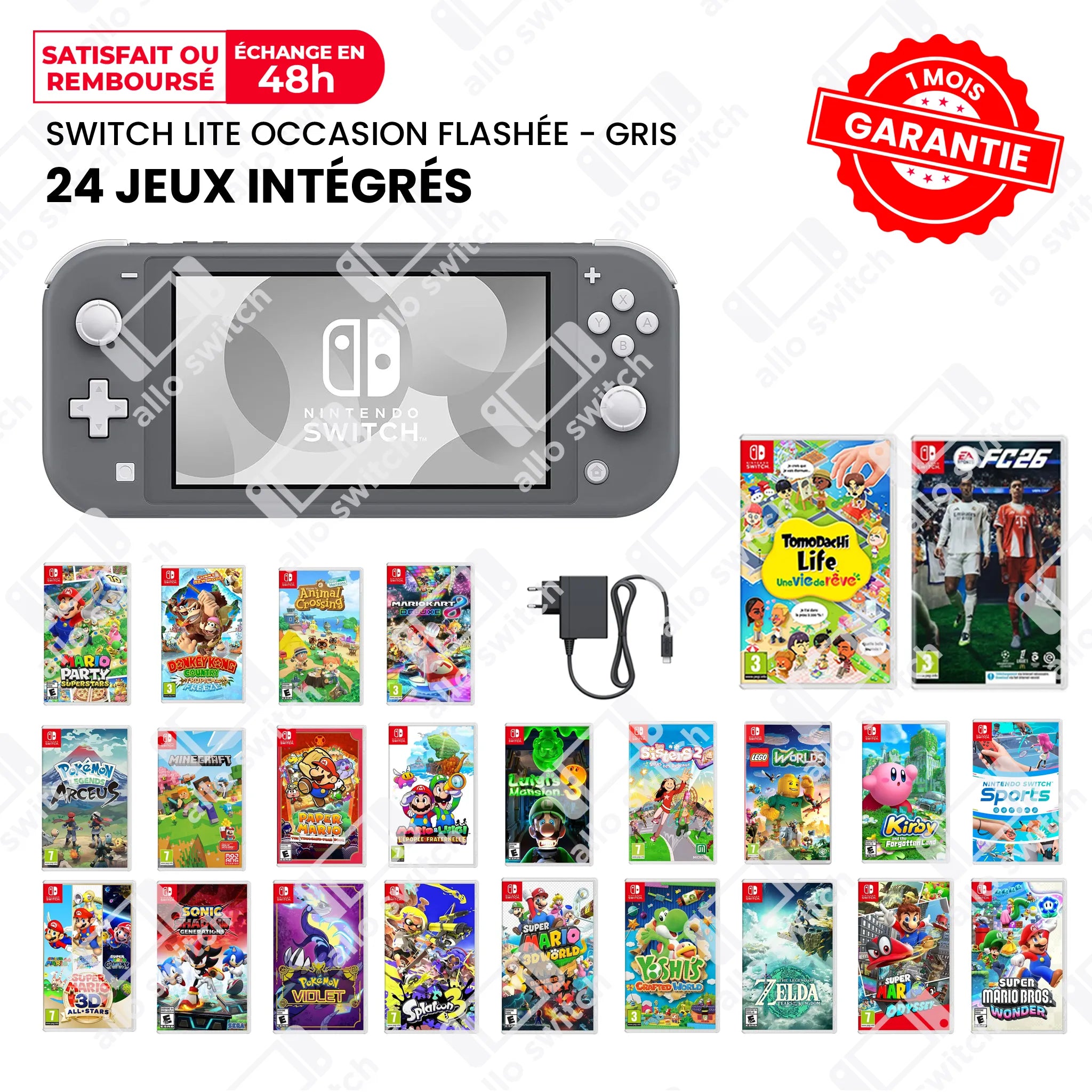 Nintendo Switch Lite Occasion Flashée Grise + 24 Jeux