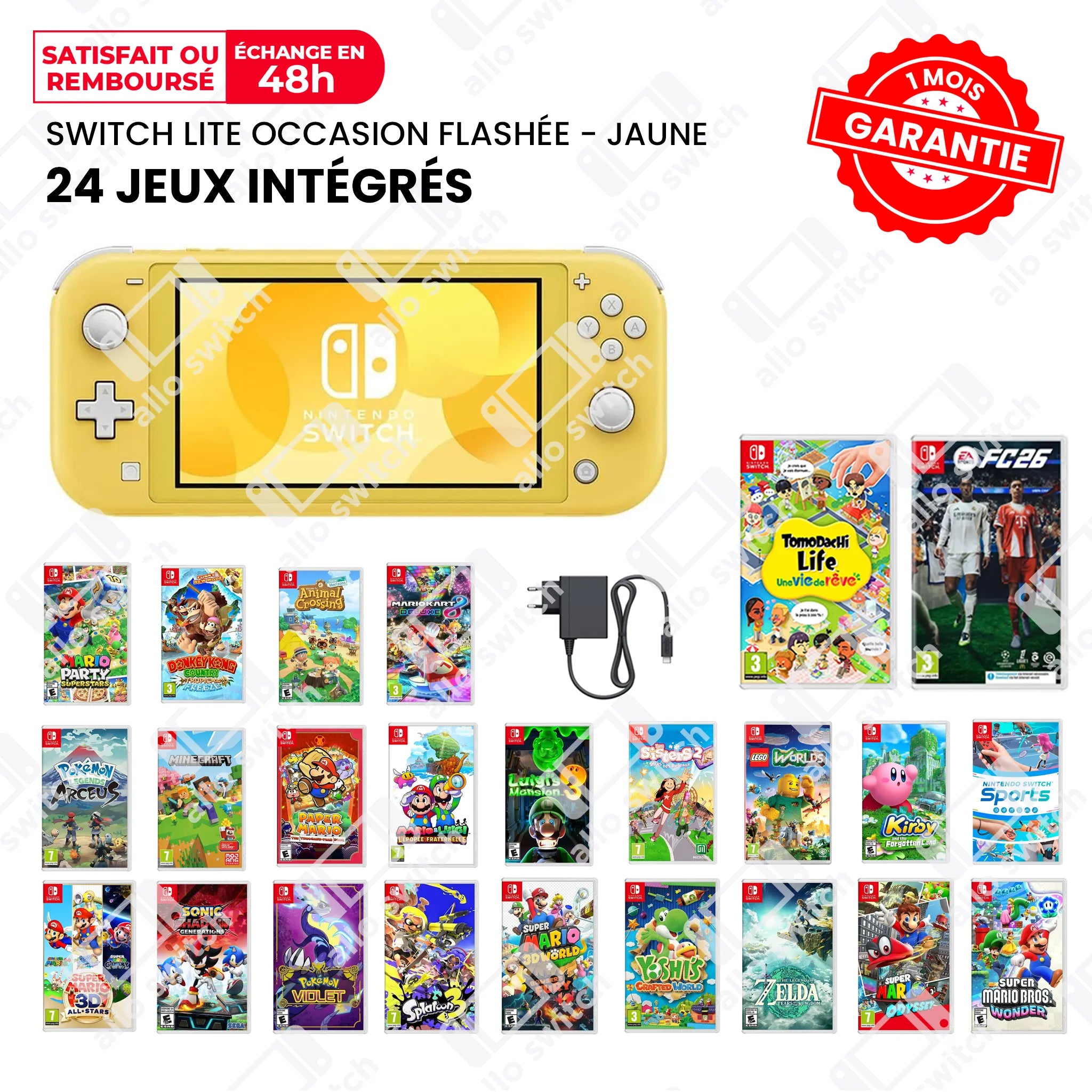 Nintendo Switch Lite Occasion Flashée Jaune + 24 Jeux
