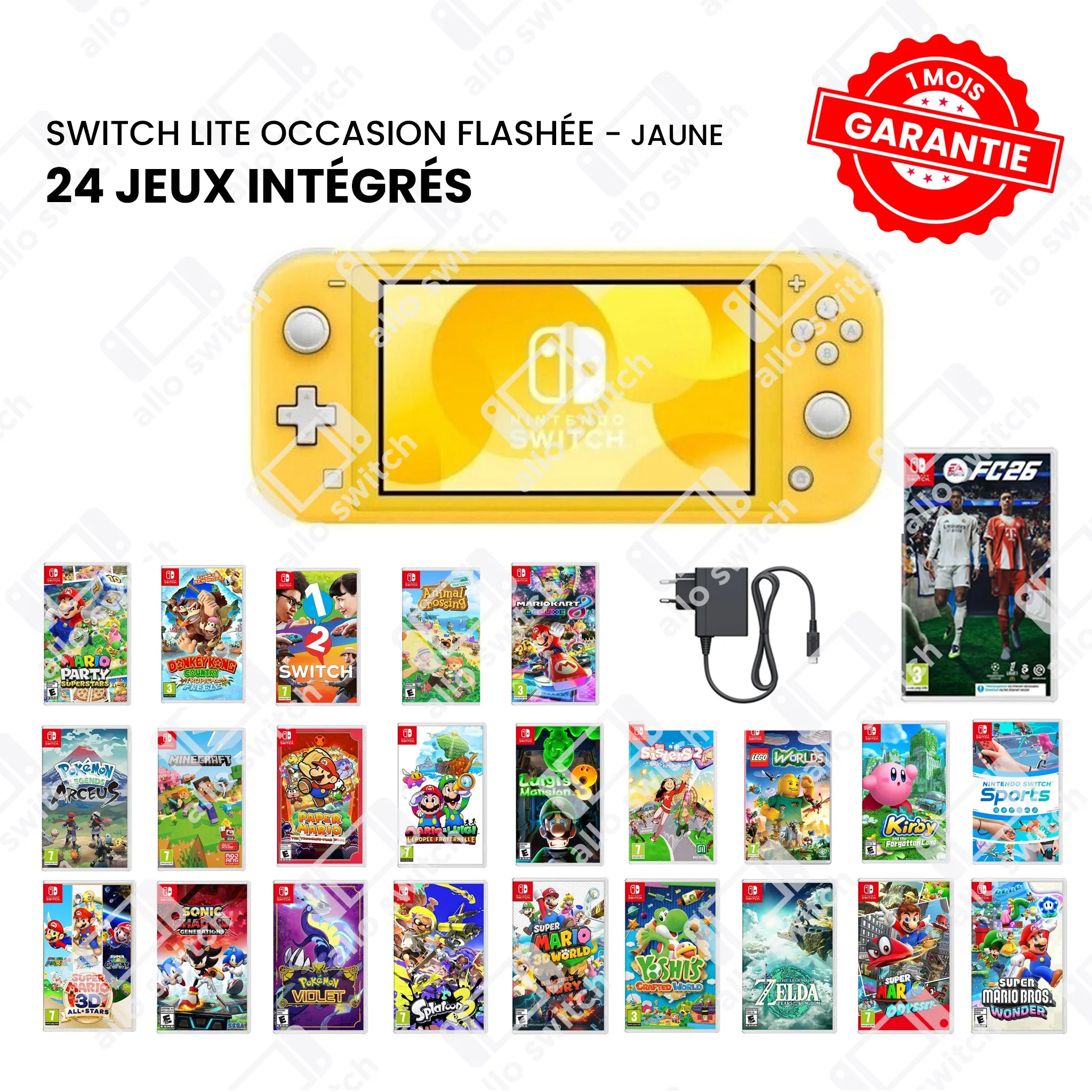 Nintendo Switch Lite Occasion Flashée Jaune + 24 Jeux