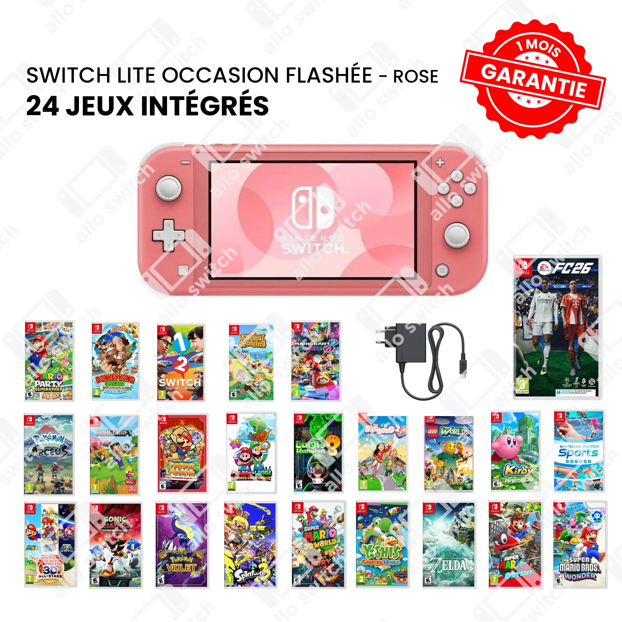 Nintendo Switch Lite Occasion Flashée Rose + 24 Jeux