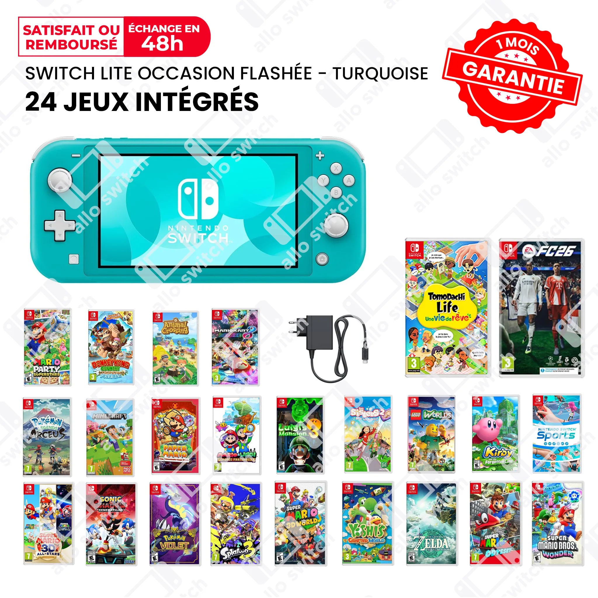 Nintendo Switch Lite Occasion Flashée Turquoise + 24 Jeux