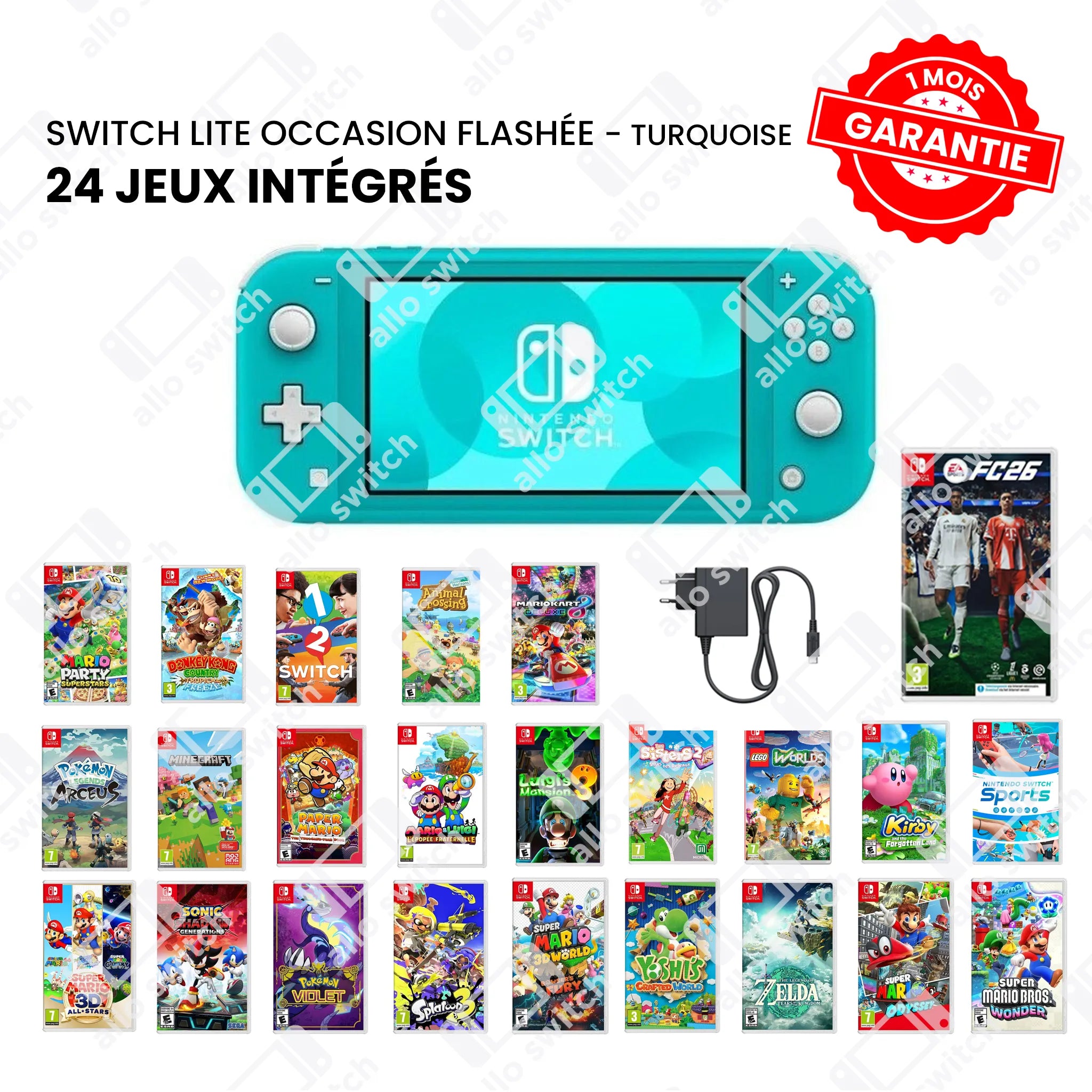 Nintendo Switch Lite Occasion Flashée Turquoise + 24 Jeux