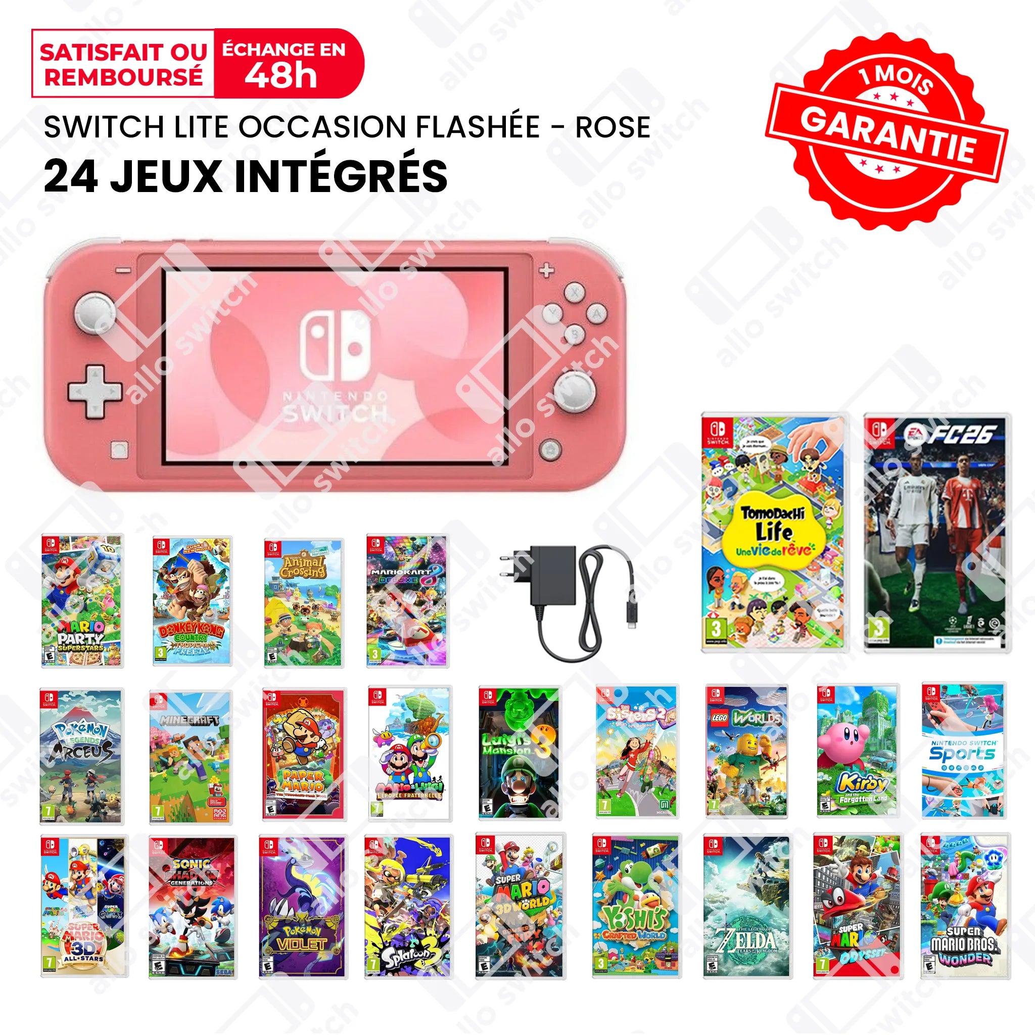 Nintendo Switch Lite Occasion Flashée rose + 24 Jeux
