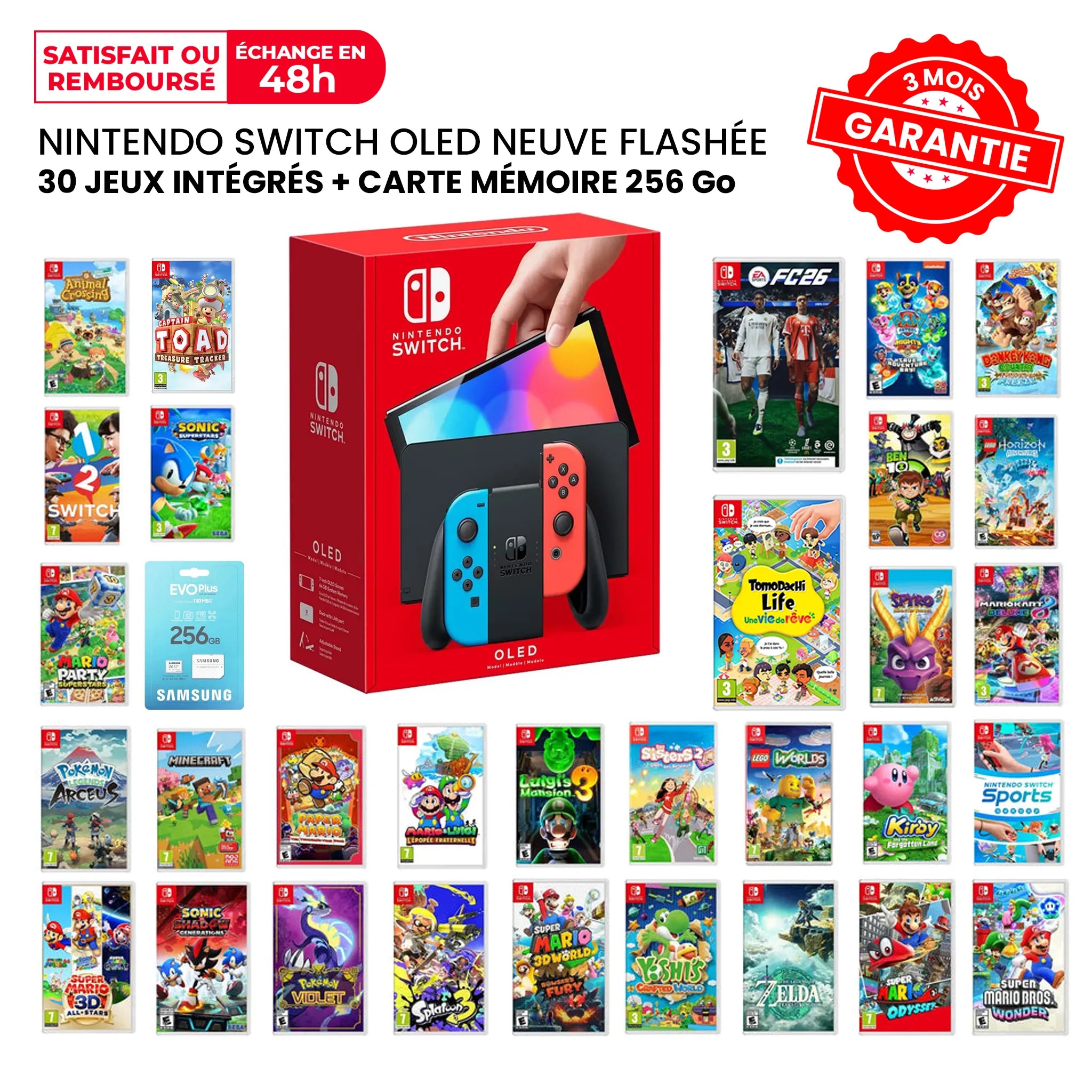 Nintendo Switch OLED Flashée Neuve + 30 Jeux et carte mémoire 256Go