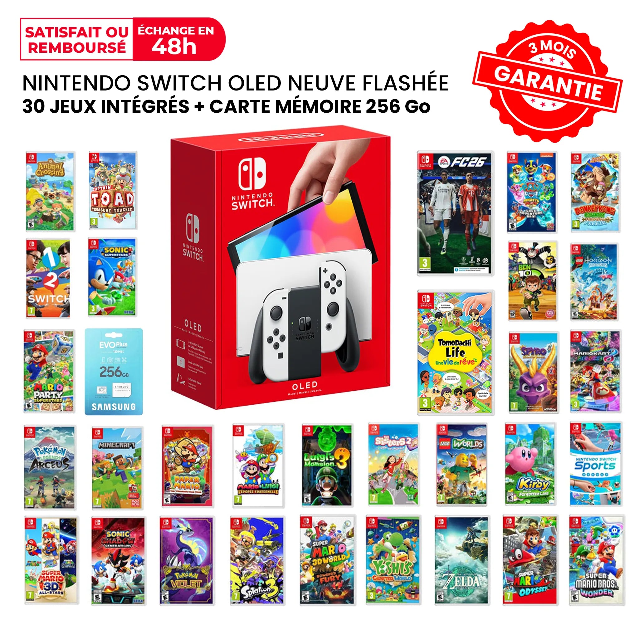 Nintendo Switch OLED Flashée Neuve + 30 Jeux et carte mémoire 256Go
