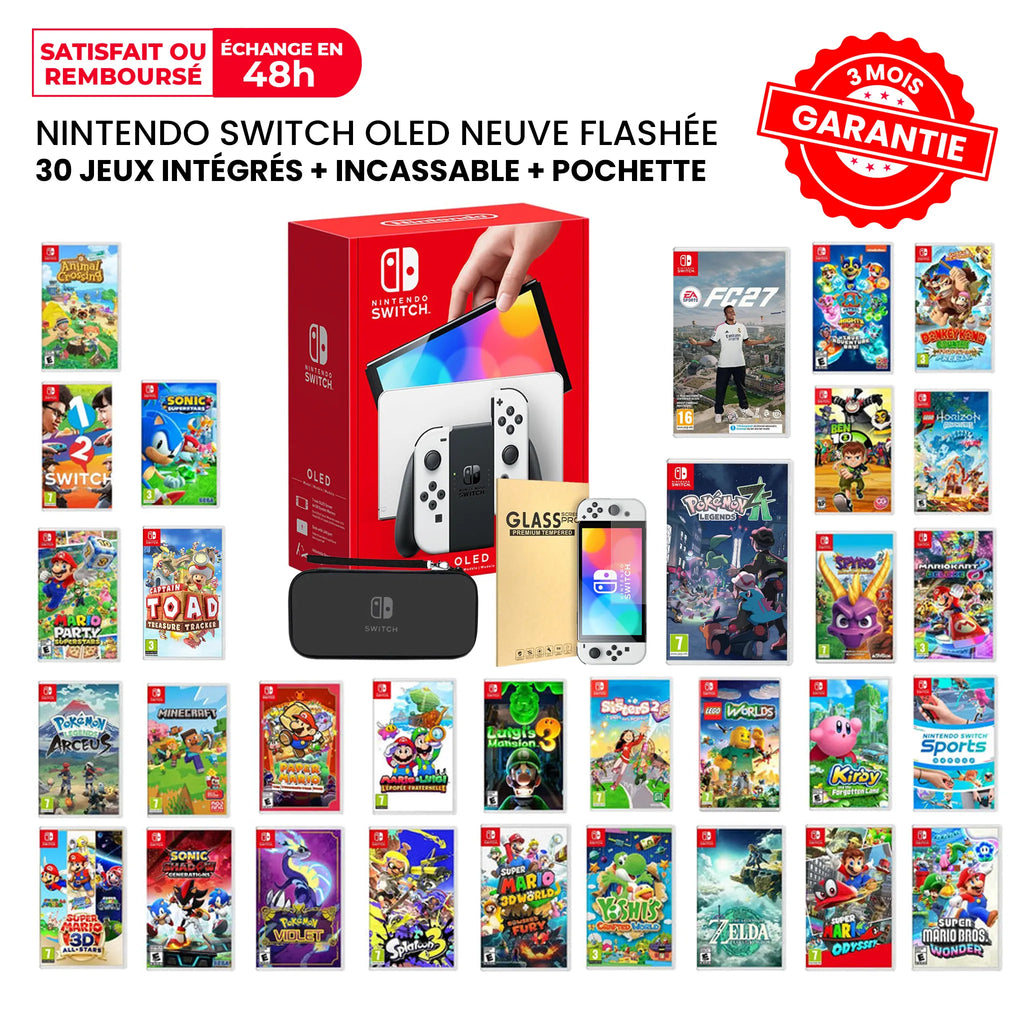 Nintendo Switch OLED Flashée Neuve + 30 Jeux + Incassable + Pochette
