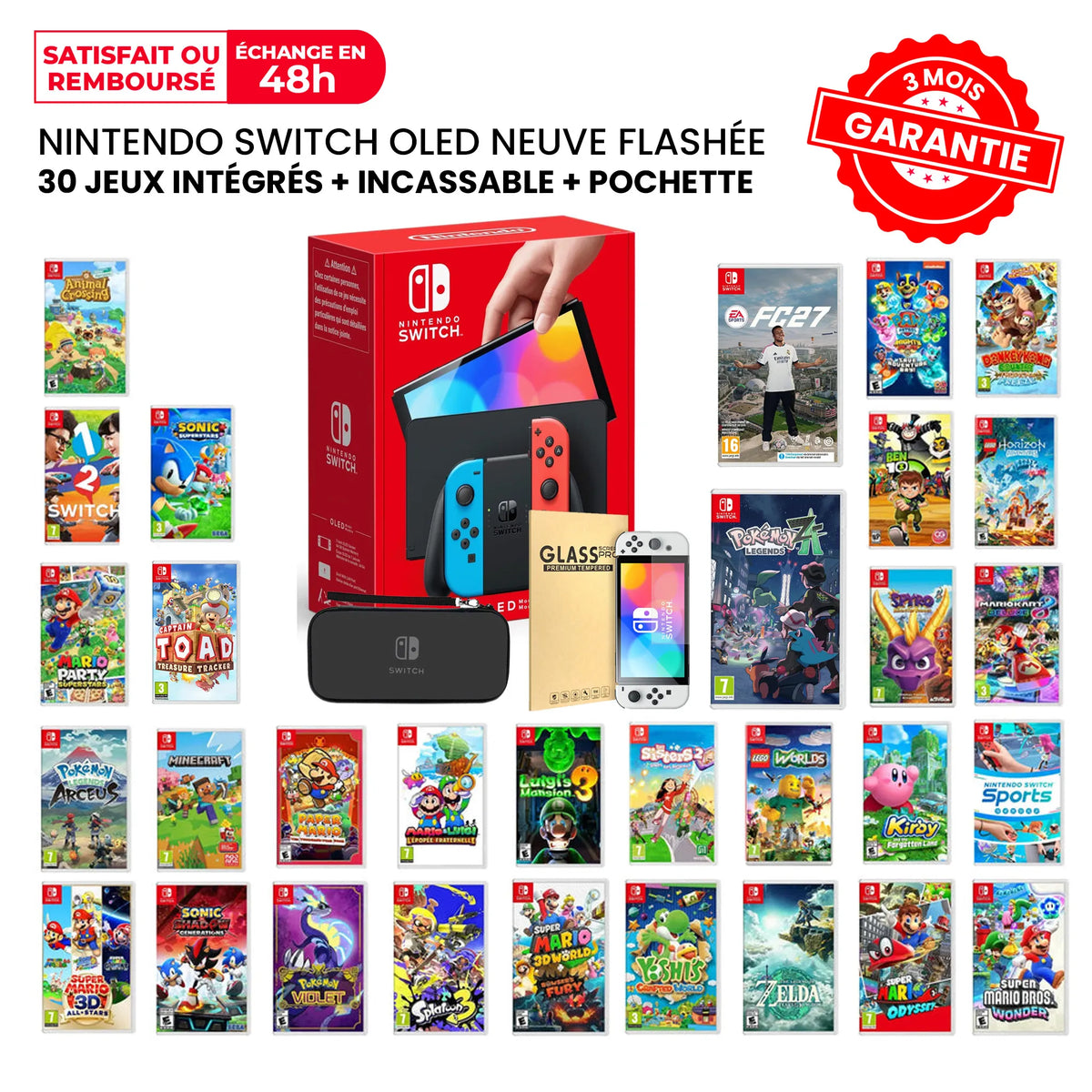 Nintendo Switch OLED Flashée Neuve + 30 Jeux + Incassable + Pochette