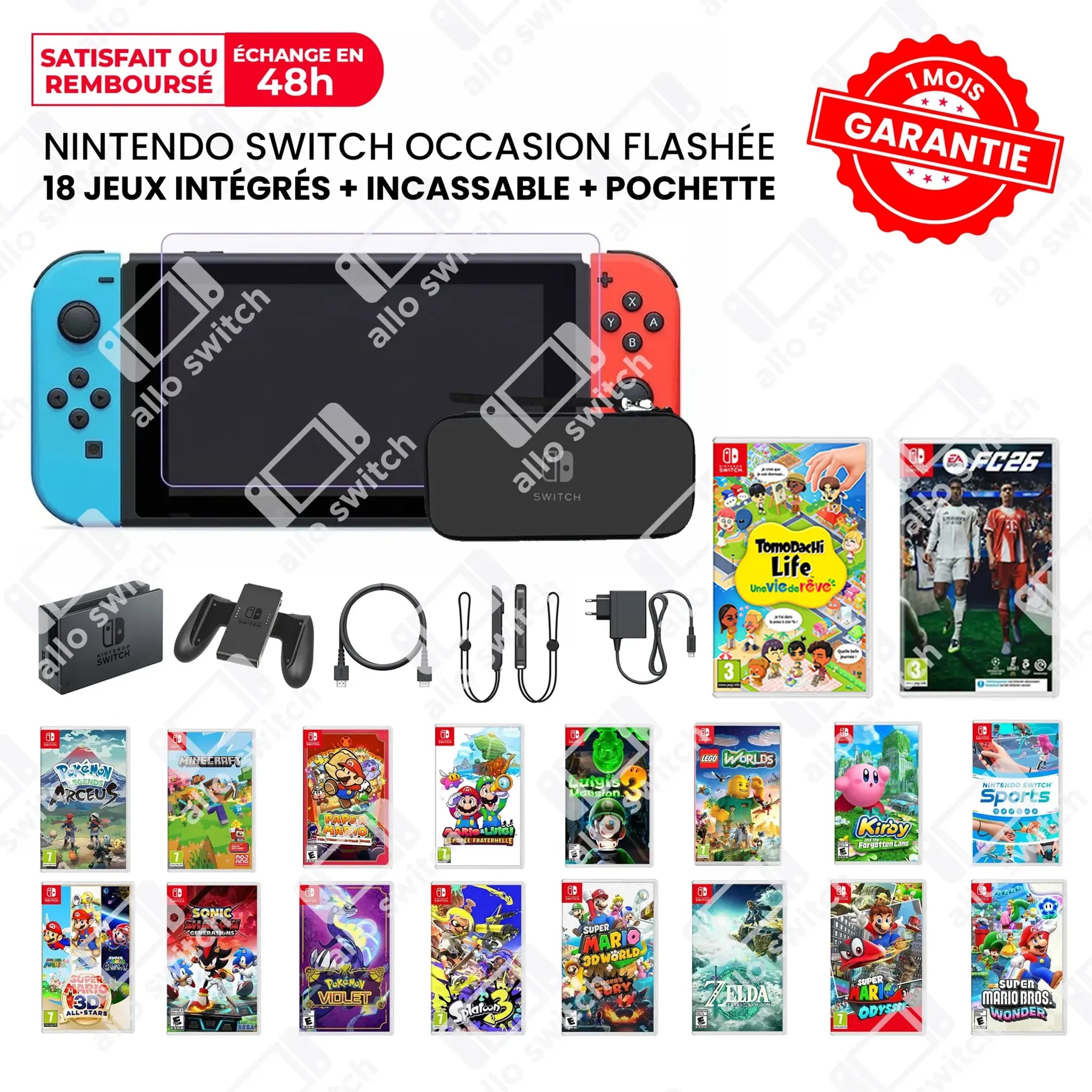 Nintendo Switch Occasion Flashée + 18 Jeux + Incassable + Pochette