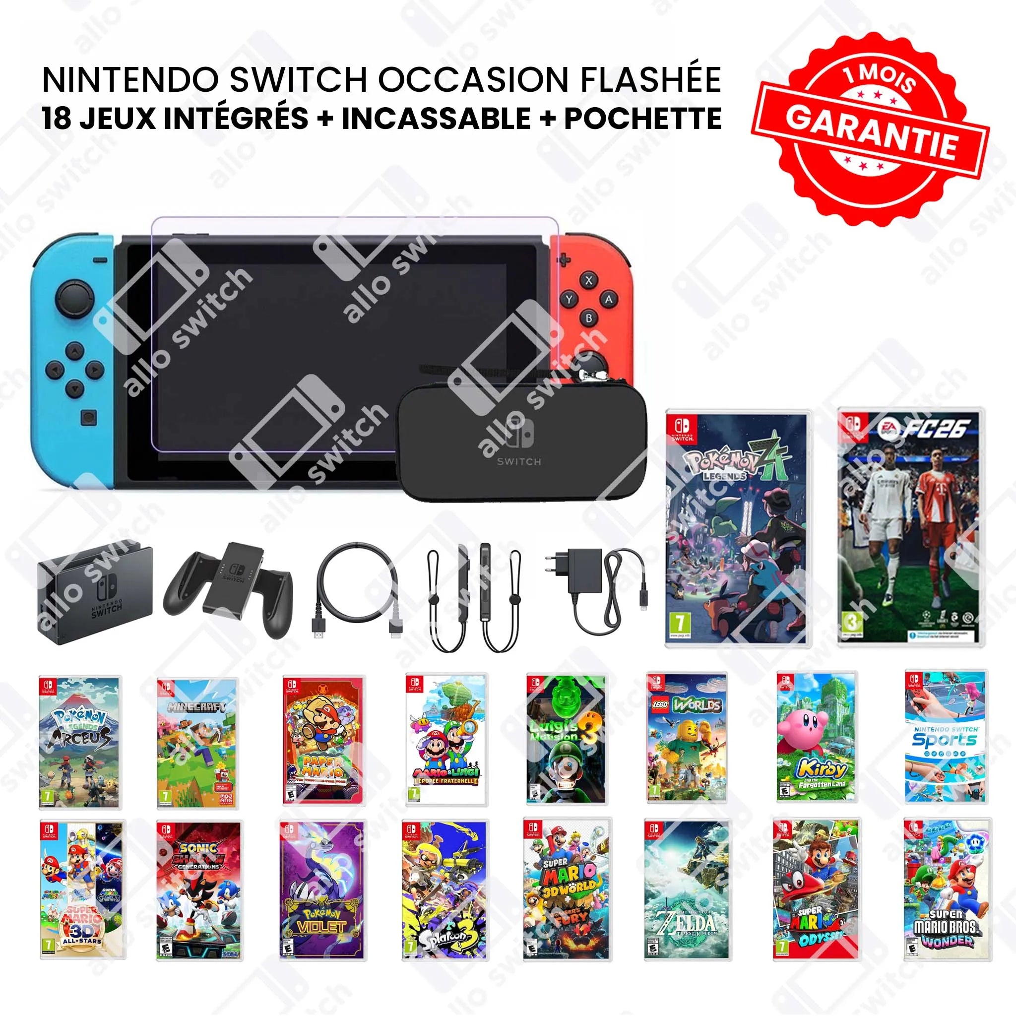 Nintendo Switch Occasion Flashée + 18 Jeux + Incassable + Pochette