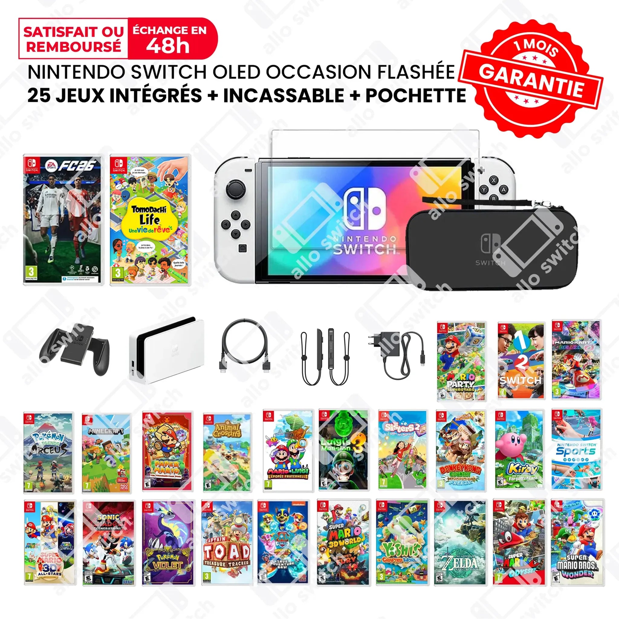 Nintendo Switch Oled Occasion Flashée + 25 jeux + Incassable + Pochette
