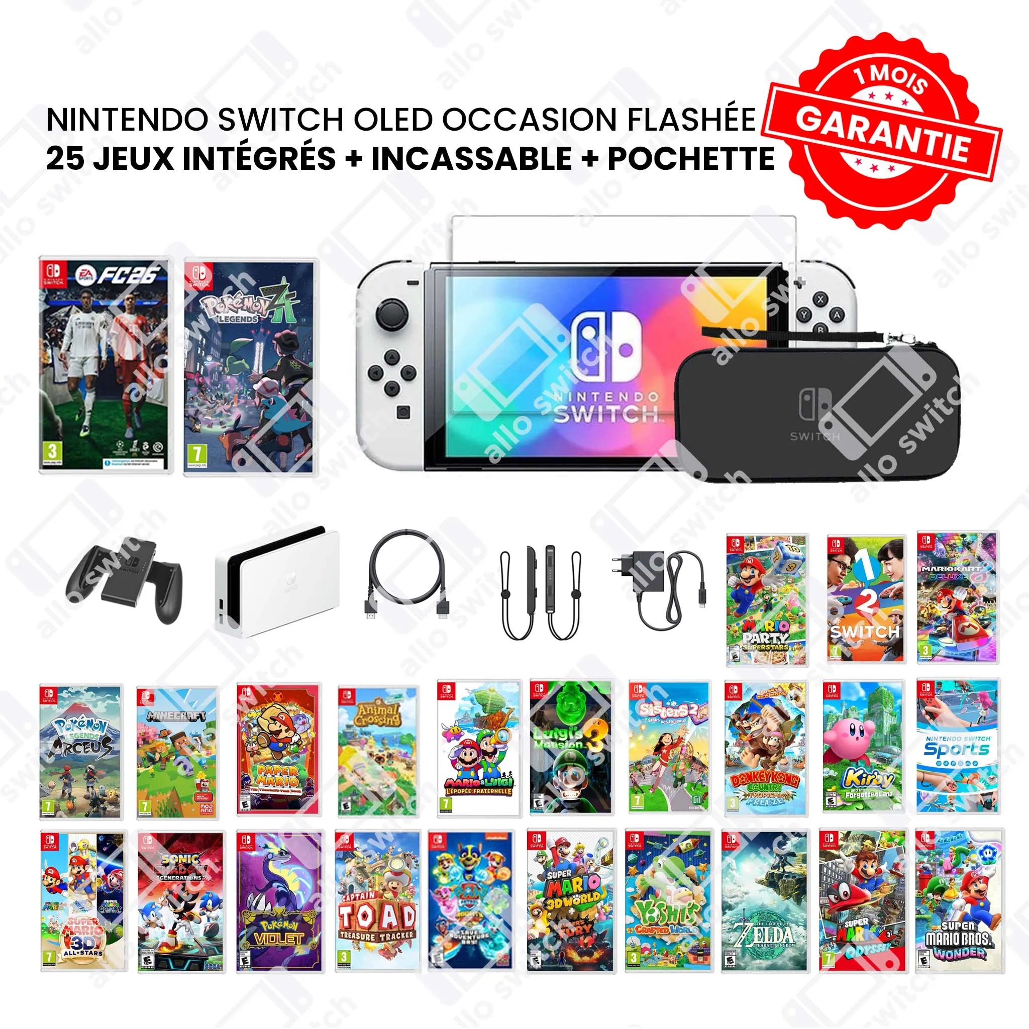 Nintendo Switch Oled Occasion Flashée + 25 jeux + Incassable + Pochette