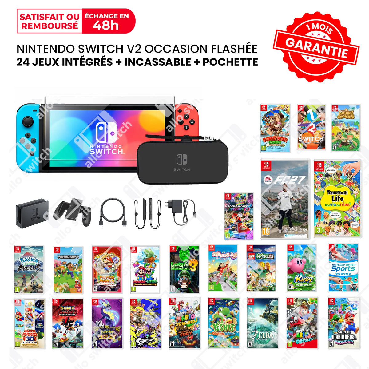 Nintendo switch V2 Flashée Occasion + 24 jeux + Incassable + Pochette