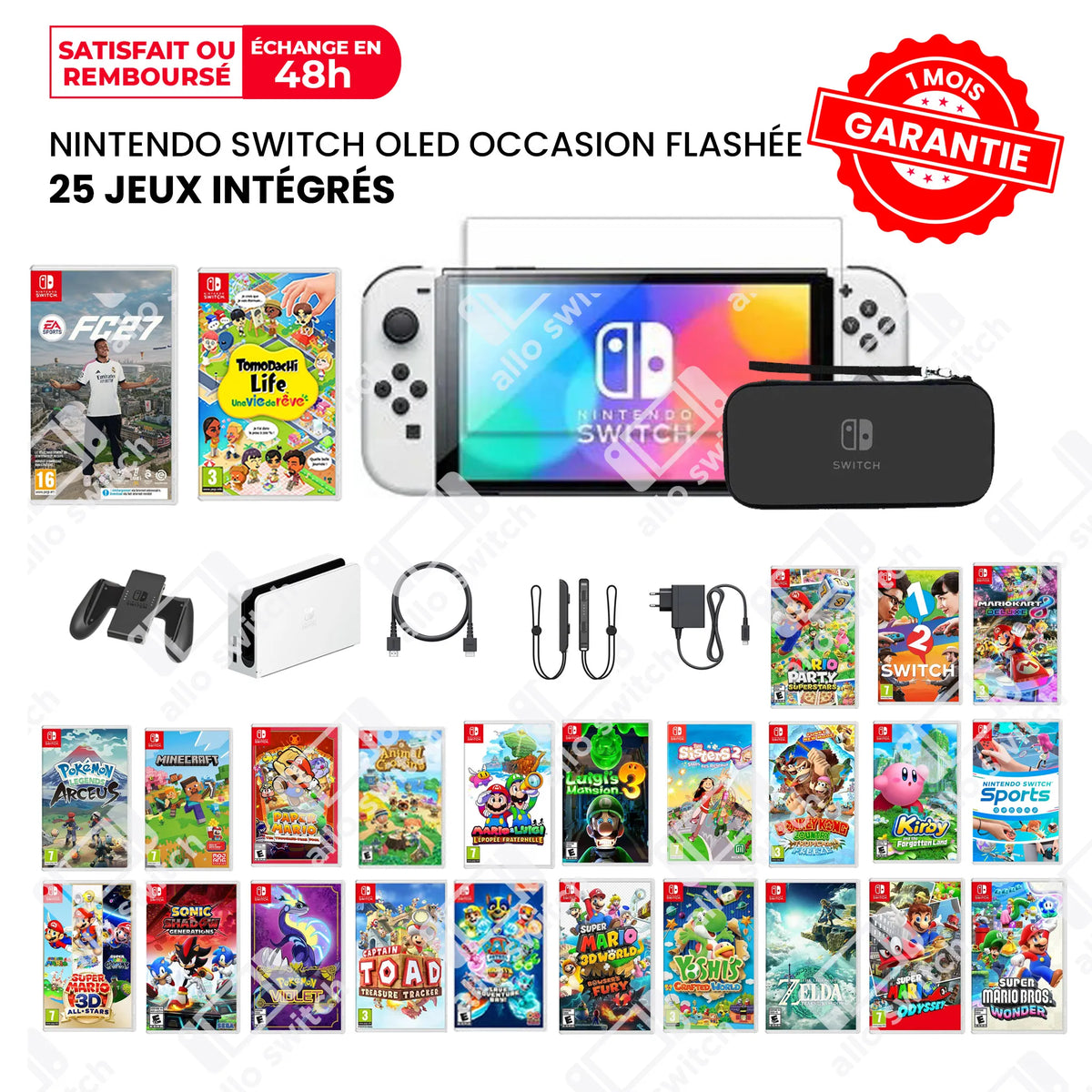 Nintendo Switch Oled Occasion Flashée + 25 jeux + Incassable + Pochette
