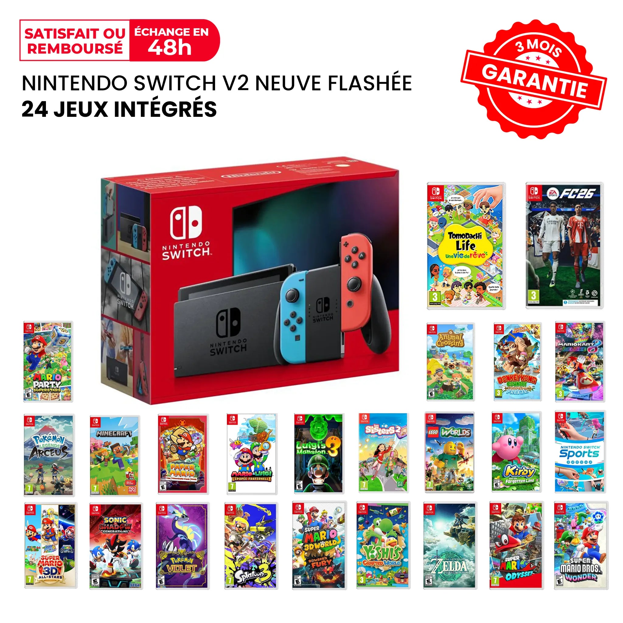 Nintendo Switch V2 Flashée Neuve + 24 Jeux