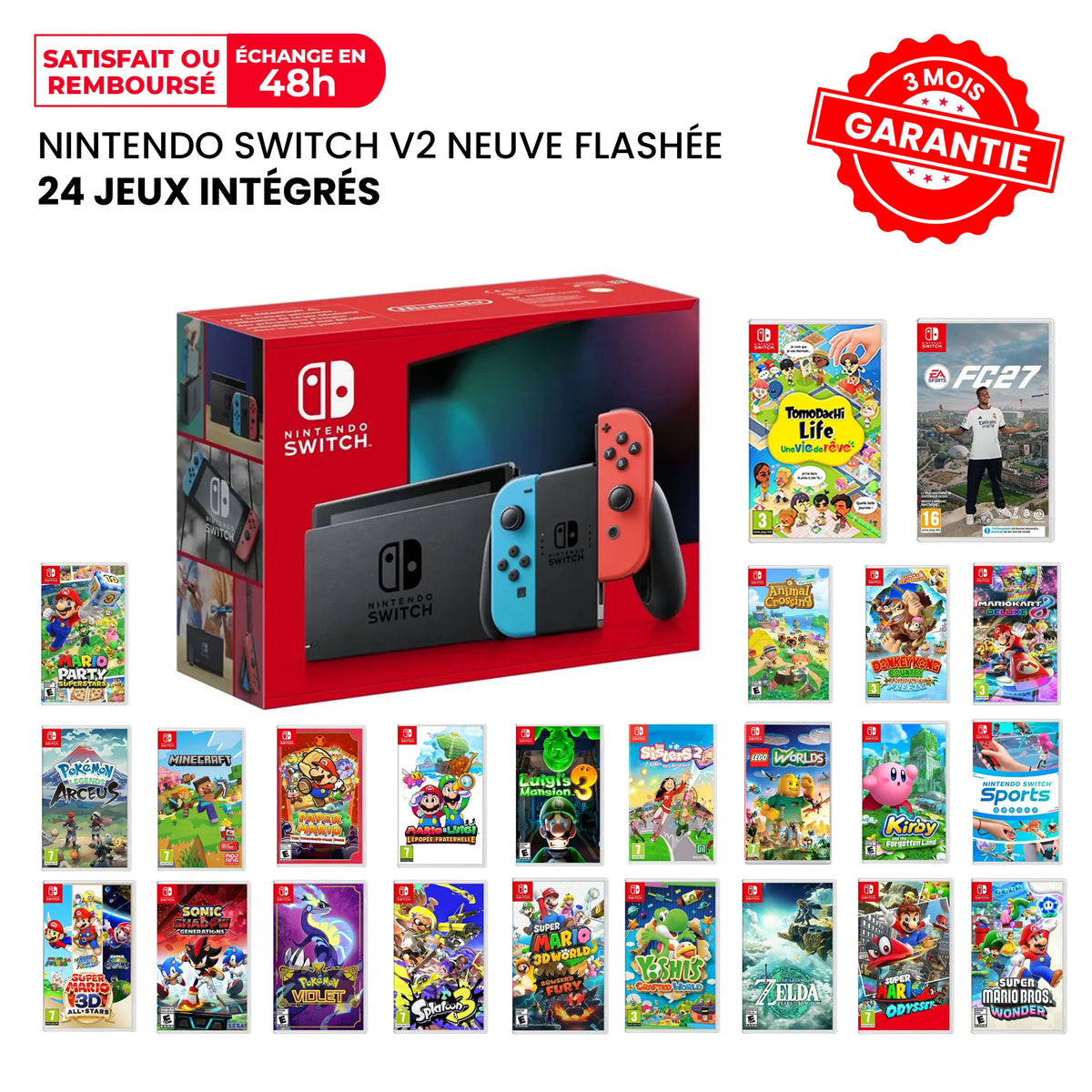 Nintendo Switch V2 Flashée Neuve + 24 Jeux