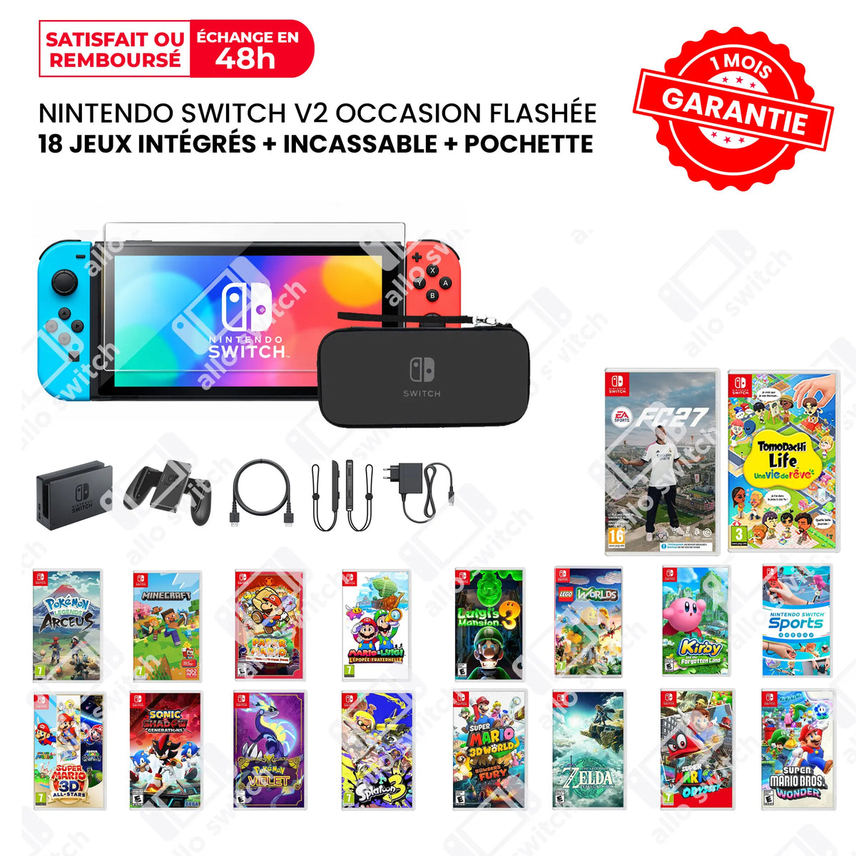 Nintendo Switch Occasion Flashée + 18 Jeux + Incassable + Pochette