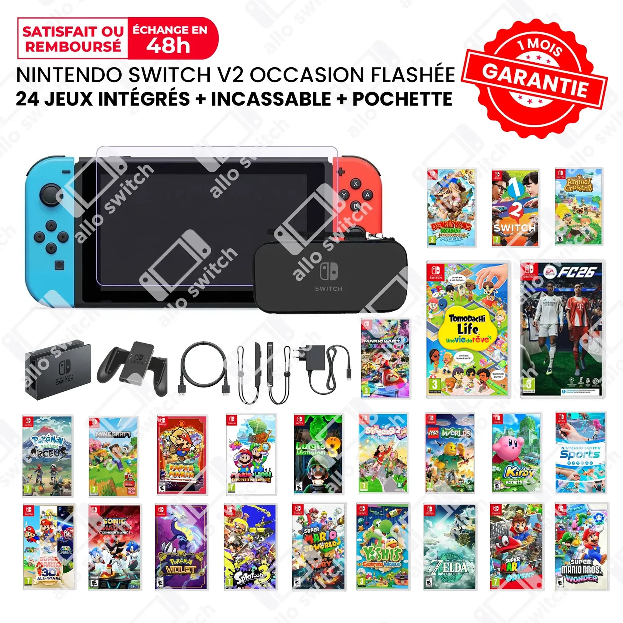 Nintendo switch V2 Flashée Occasion + 24 jeux + Incassable + Pochette