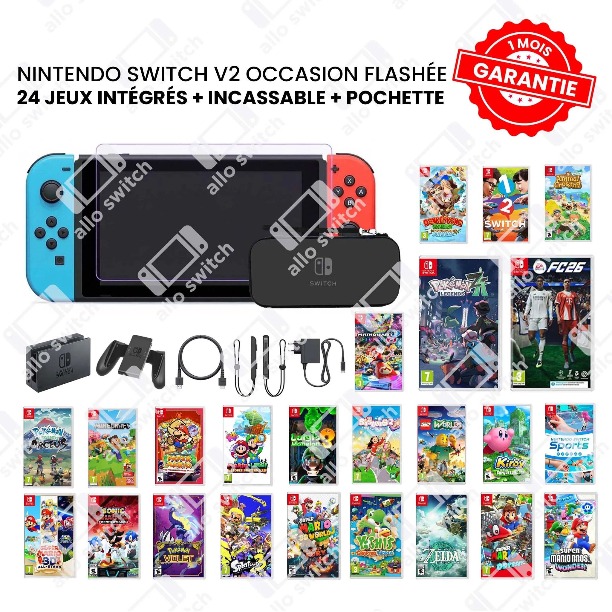 Nintendo switch V2 Flashée Occasion + 24 jeux + Incassable + Pochette
